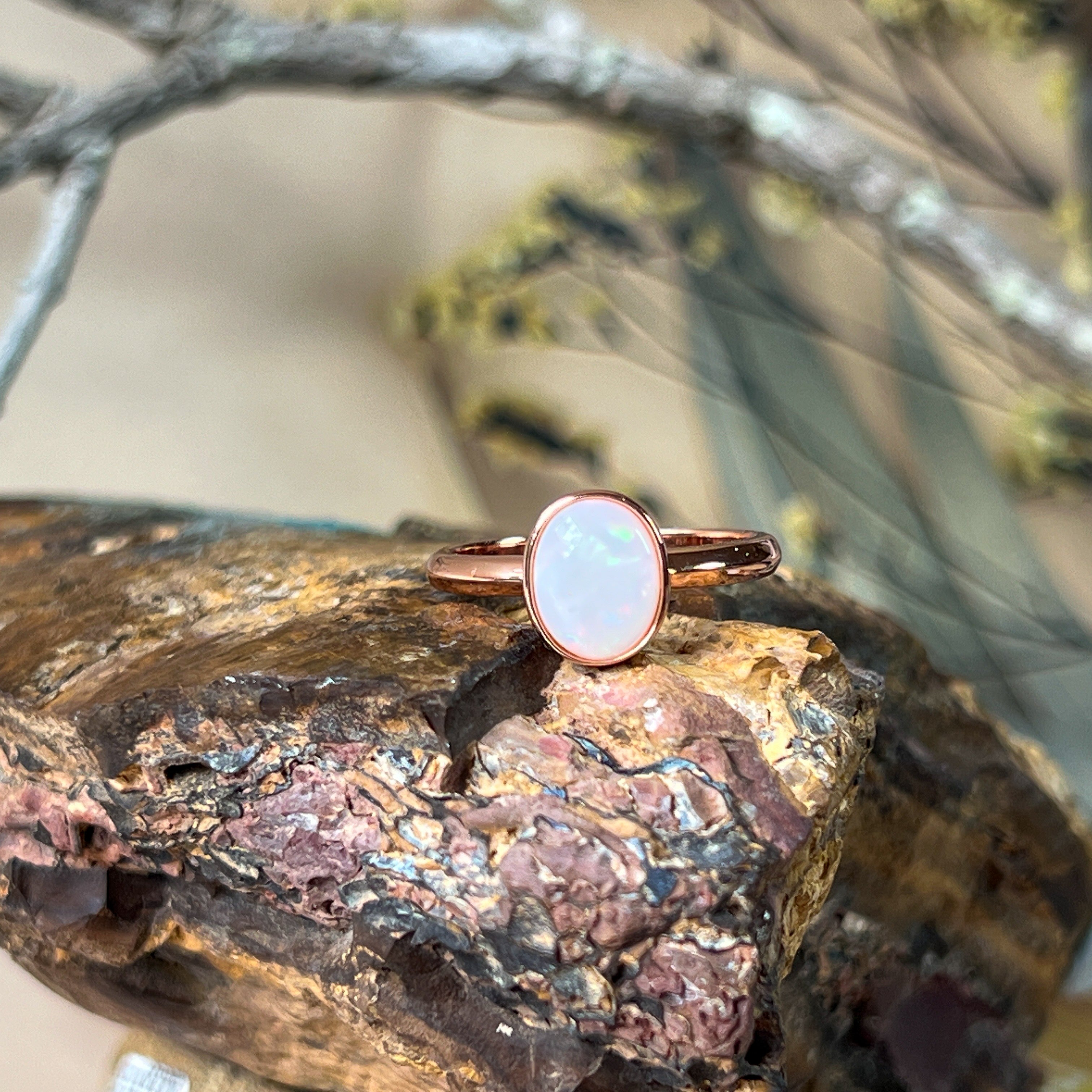 Bezel-Set Solitaire White Opal Ring - 10x8mm, Rose Gold-Plated Sterling Silver, Elegant Minimalist Jewelry, Perfect Gift for Her - Masterpiece Jewellery Opal & Gems Sydney Australia | Online Shop