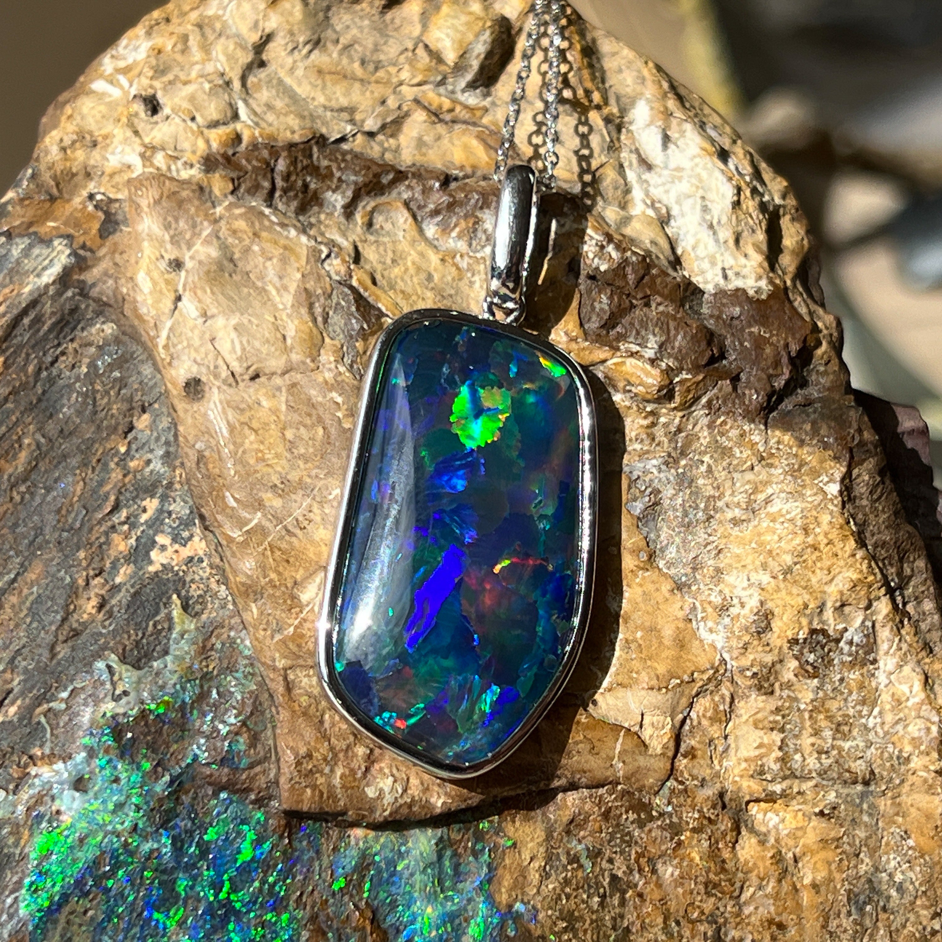 Sterling Silver Freeform Triplet Opal Necklace - 28x15mm Rectangular Pendant, Minimalist Gemstone Jewelry, Ideal Gift for Her - Masterpiece Jewellery Opal & Gems Sydney Australia | Online Shop