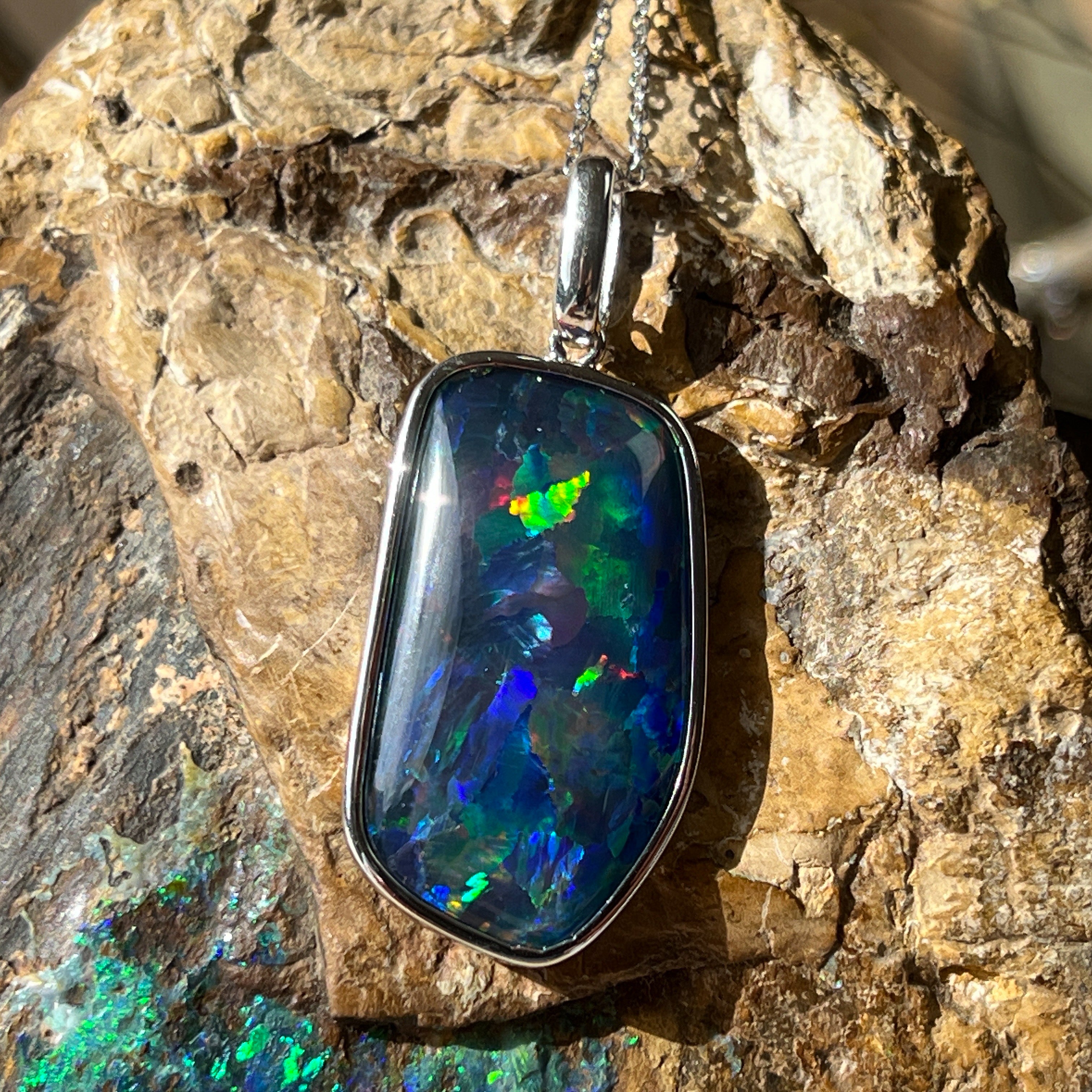 Sterling Silver Freeform Triplet Opal Necklace - 28x15mm Rectangular Pendant, Minimalist Gemstone Jewelry, Ideal Gift for Her - Masterpiece Jewellery Opal & Gems Sydney Australia | Online Shop