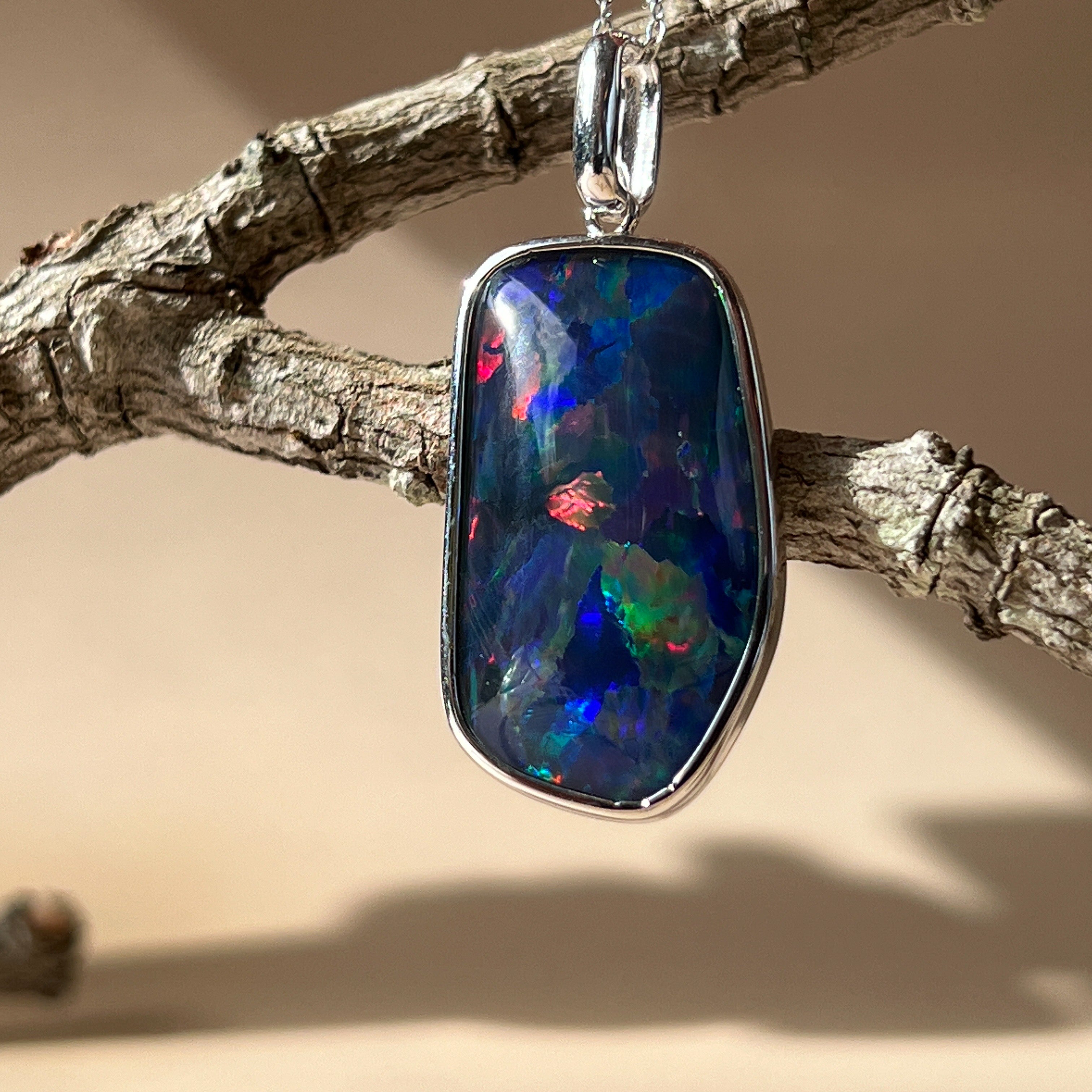 Sterling Silver Freeform Triplet Opal Necklace - 28x15mm Rectangular Pendant, Minimalist Gemstone Jewelry, Ideal Gift for Her - Masterpiece Jewellery Opal & Gems Sydney Australia | Online Shop