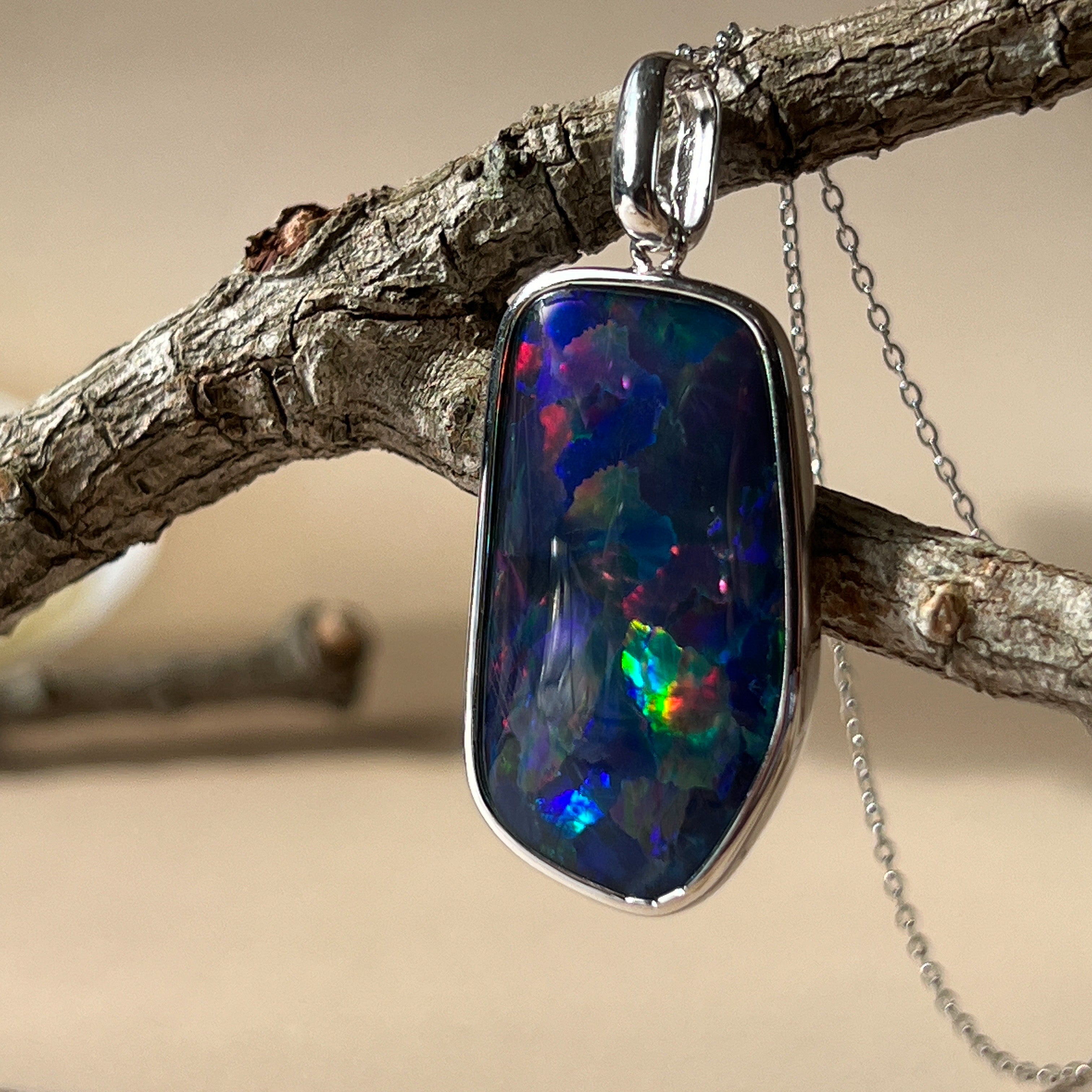 Sterling Silver Freeform Triplet Opal Necklace - 28x15mm Rectangular Pendant, Minimalist Gemstone Jewelry, Ideal Gift for Her - Masterpiece Jewellery Opal & Gems Sydney Australia | Online Shop