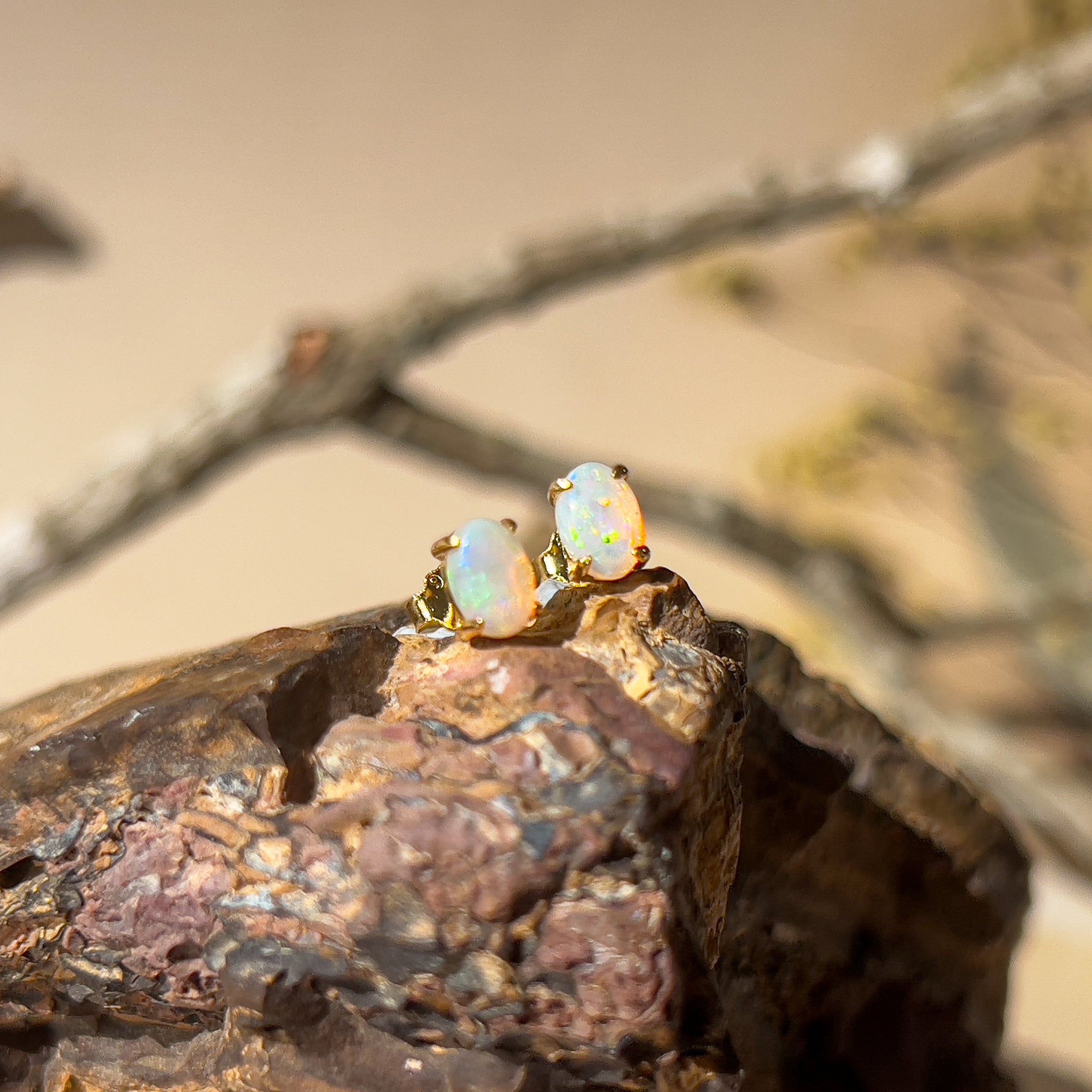 Gold Plated Sterling Silver 6x4mm White Opal studs claw pair - Masterpiece Jewellery Opal & Gems Sydney Australia | Online Shop