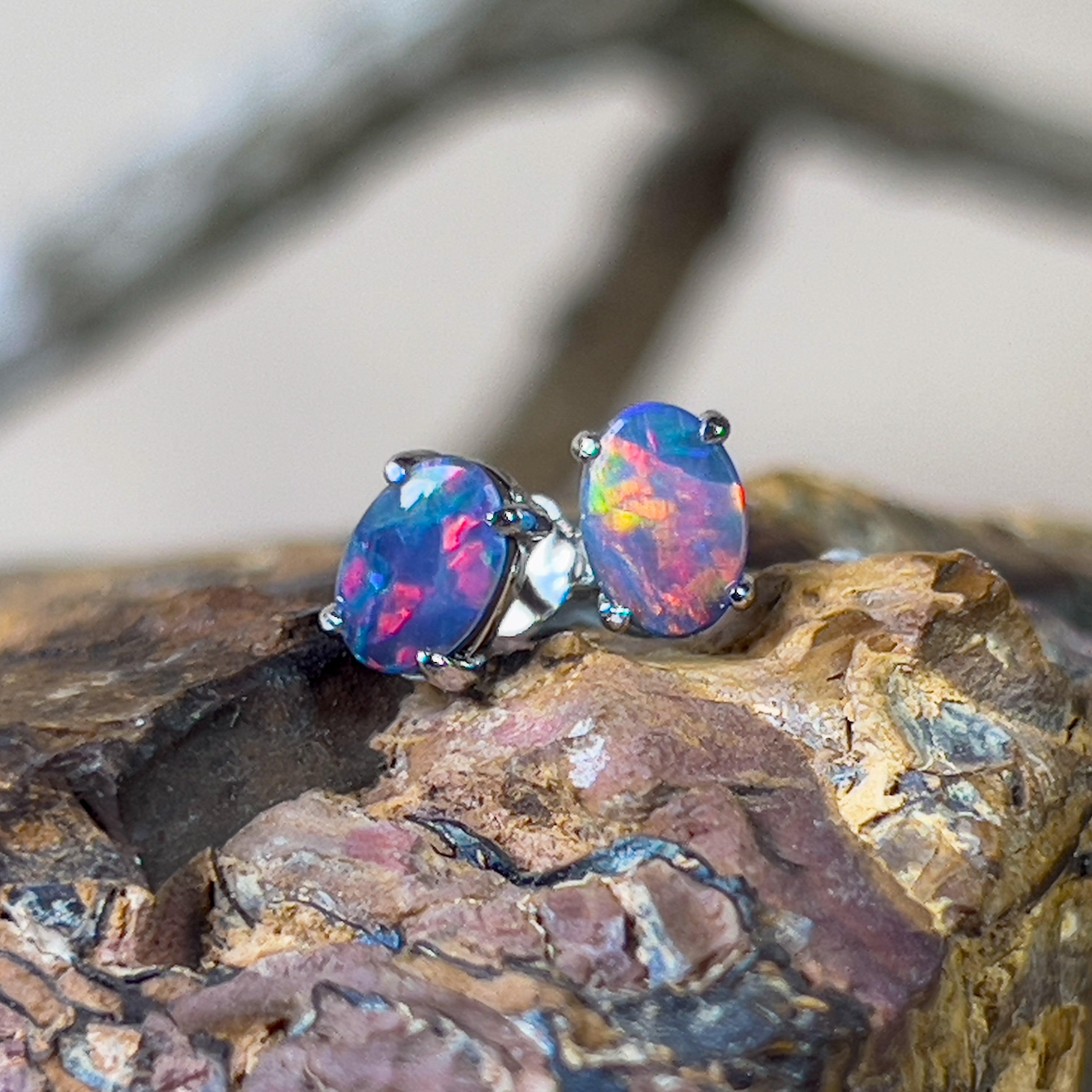 Pair of Sterling Silver doublet 6x4mm Opal earrings studs - Masterpiece Jewellery Opal & Gems Sydney Australia | Online Shop