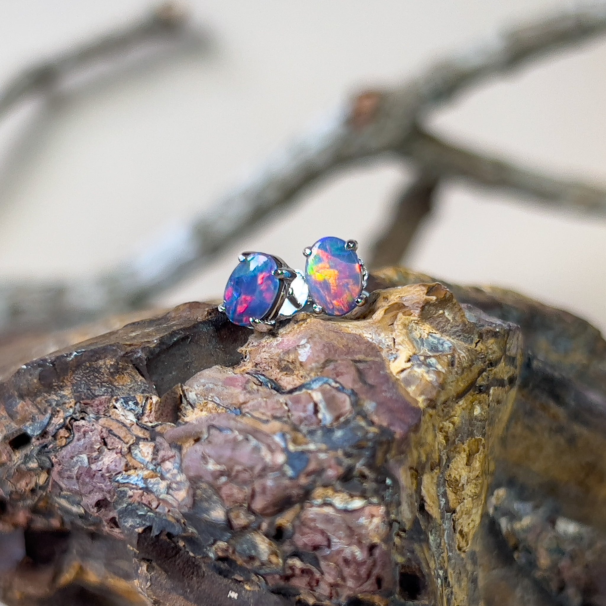 Pair of Sterling Silver doublet 6x4mm Opal earrings studs - Masterpiece Jewellery Opal & Gems Sydney Australia | Online Shop