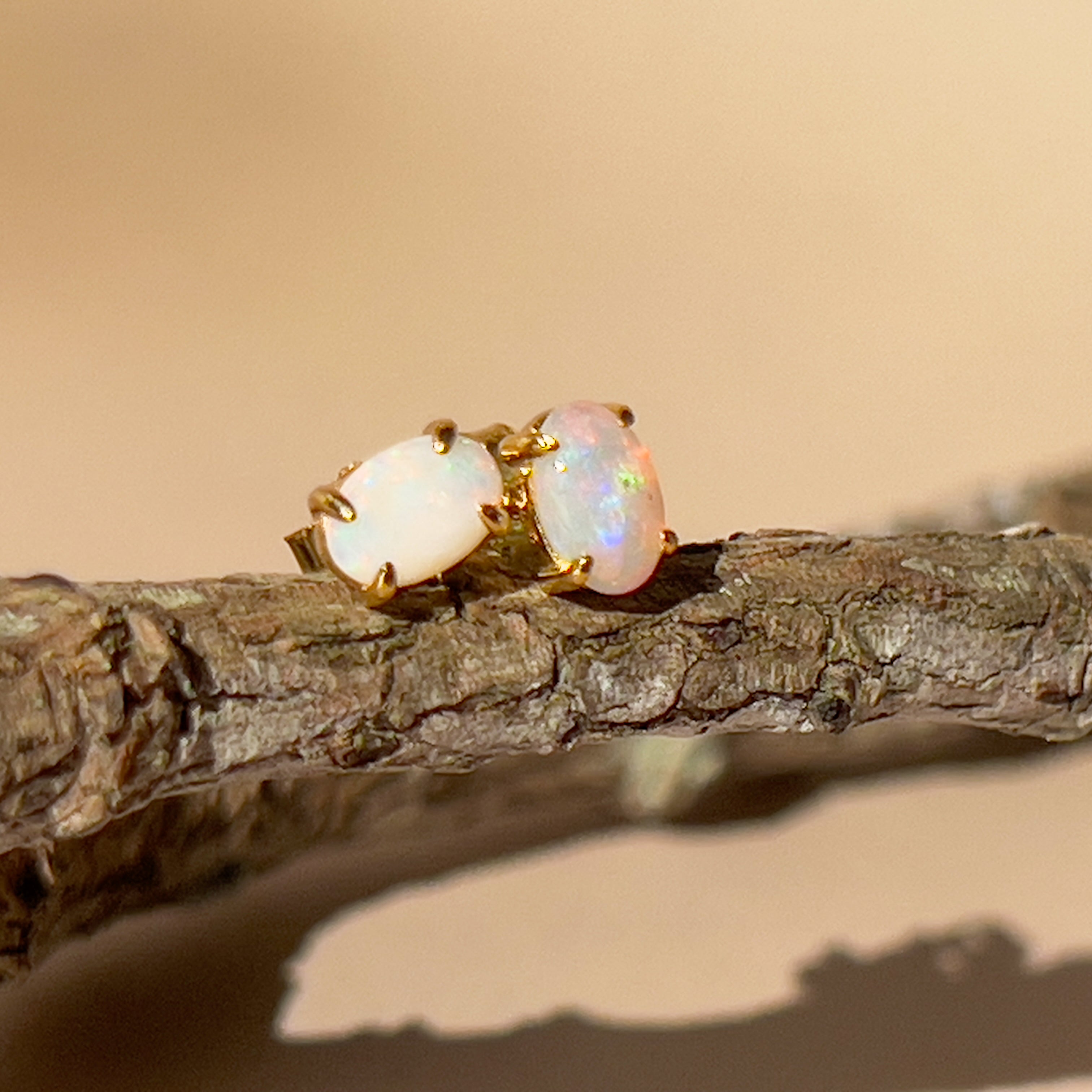 One pair of 9kt Yellow gold 5x3mm Crystal Opal earrings 4 claw studs - Masterpiece Jewellery Opal & Gems Sydney Australia | Online Shop