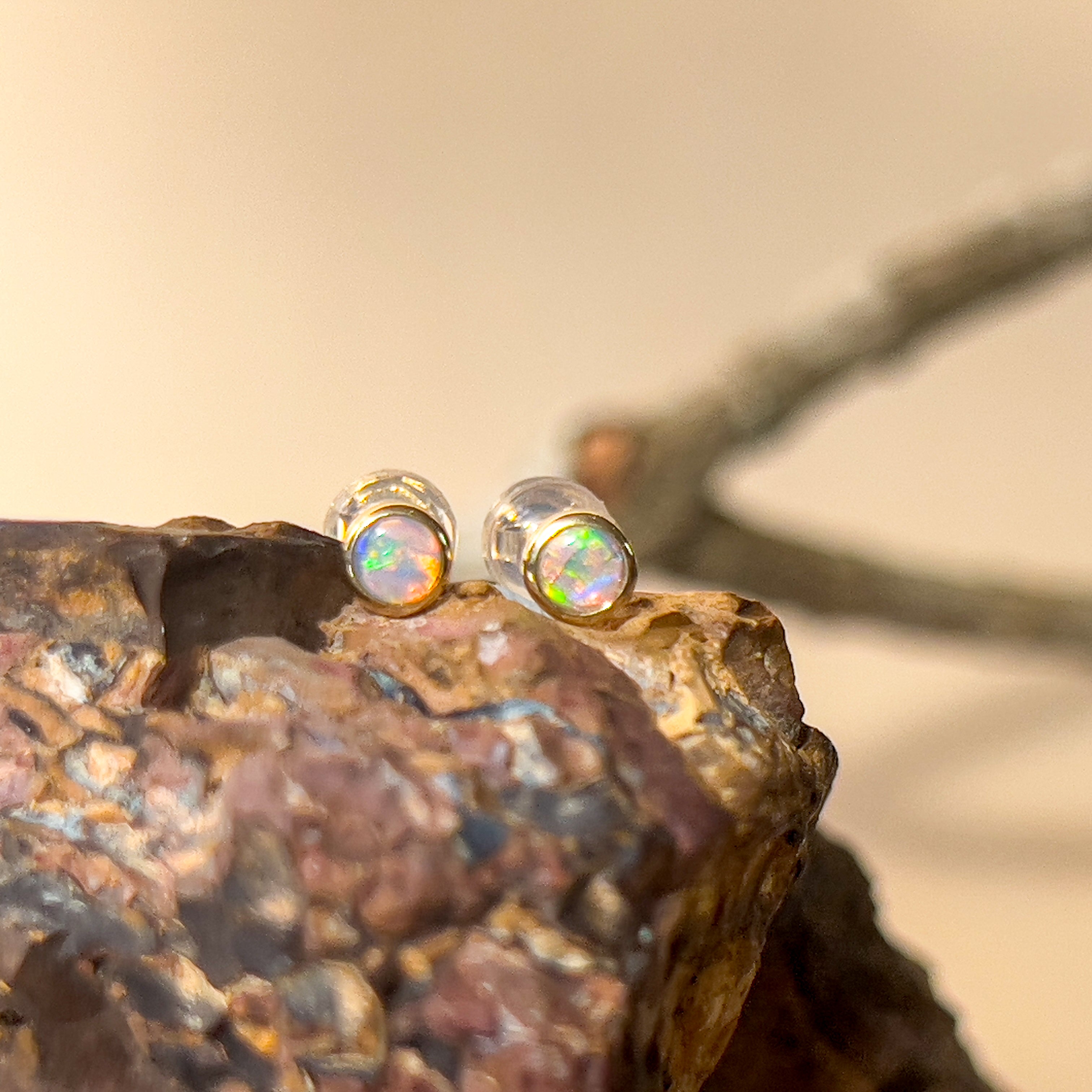 9kt Yellow Gold pair of 4mm Crystal Opal earrings bezel studs - Masterpiece Jewellery Opal & Gems Sydney Australia | Online Shop