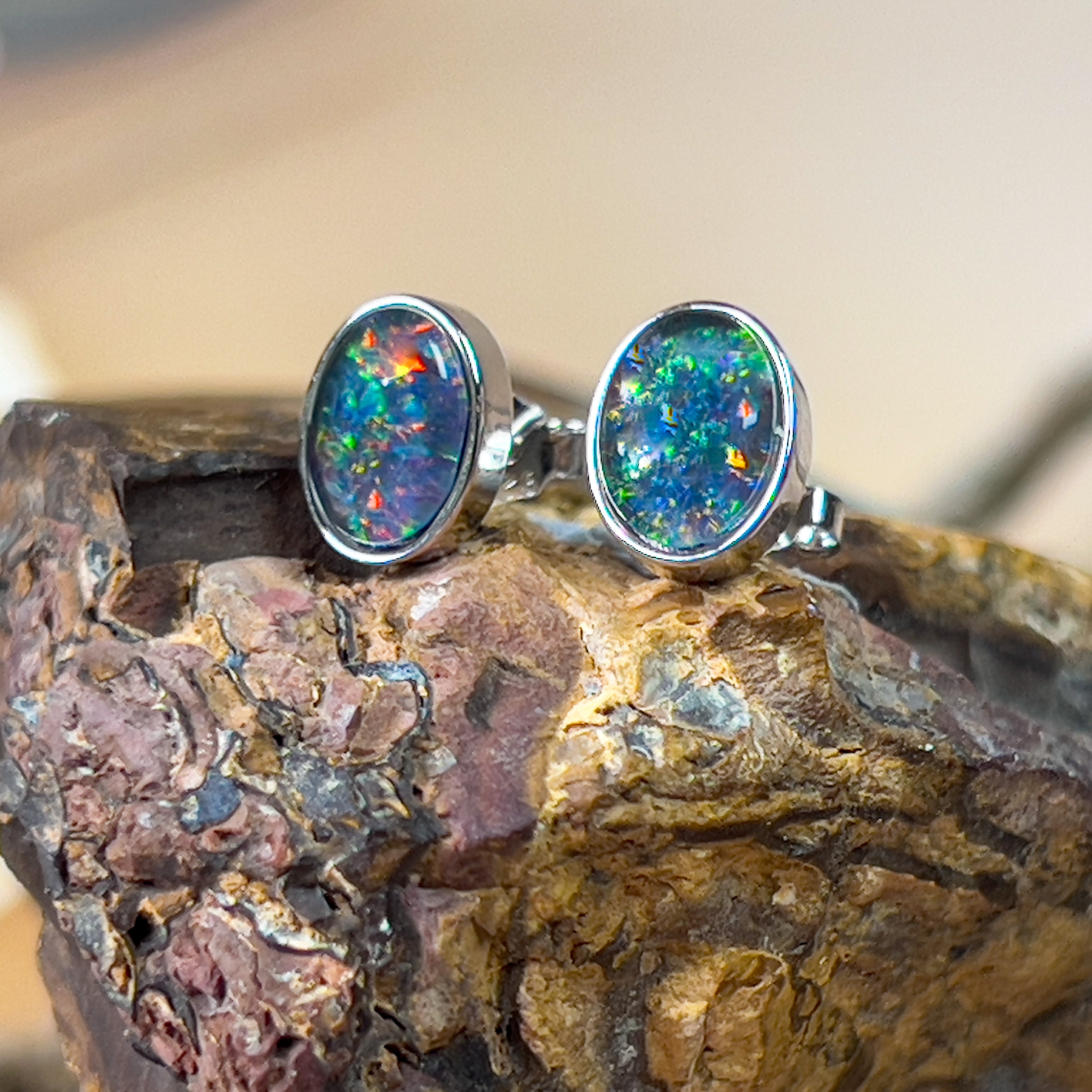 Sterling Silver Opal Triplet studs 10x8mm - Masterpiece Jewellery Opal & Gems Sydney Australia | Online Shop