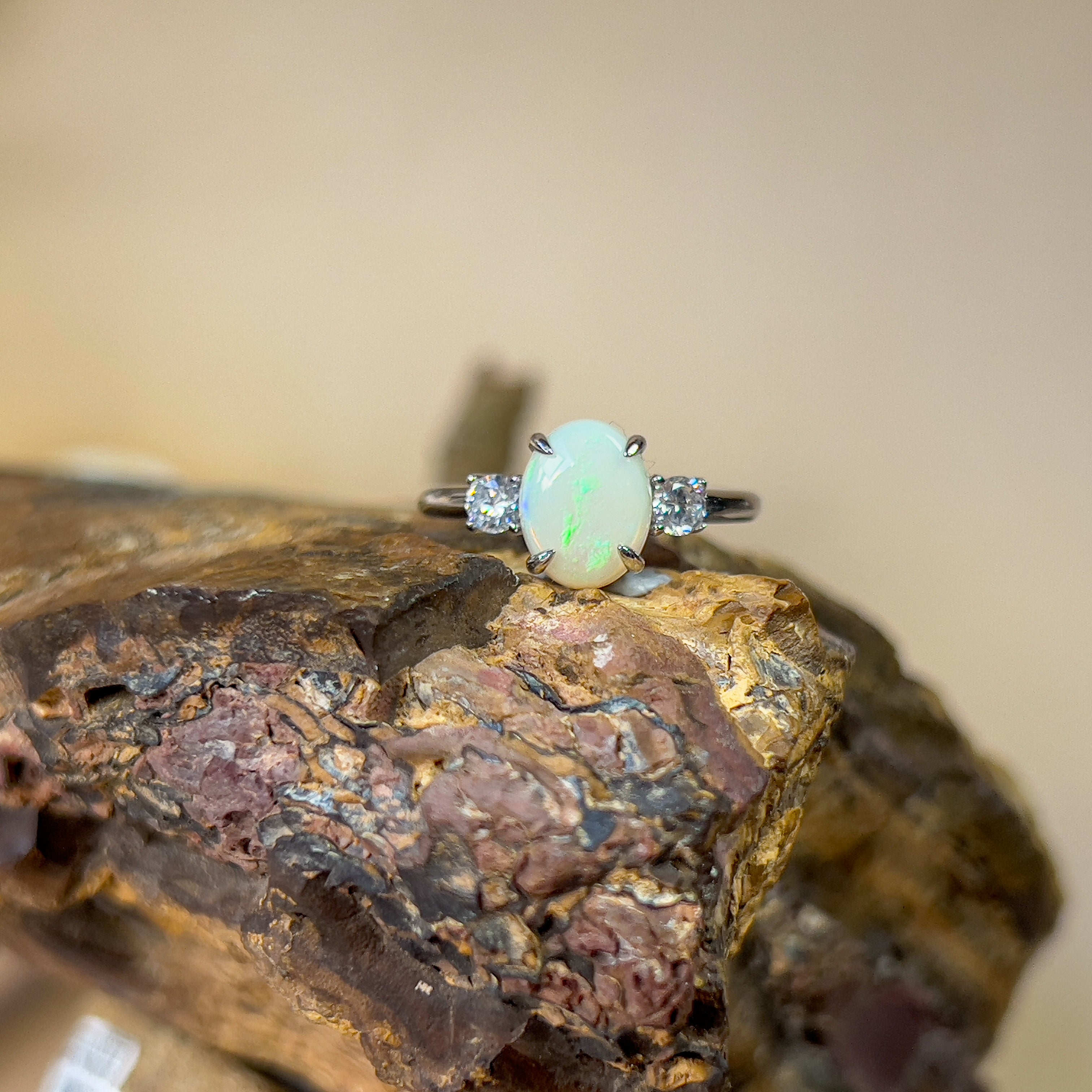 Sterling Silver 9x7mm White Opal ring trilogy style - Masterpiece Jewellery Opal & Gems Sydney Australia | Online Shop