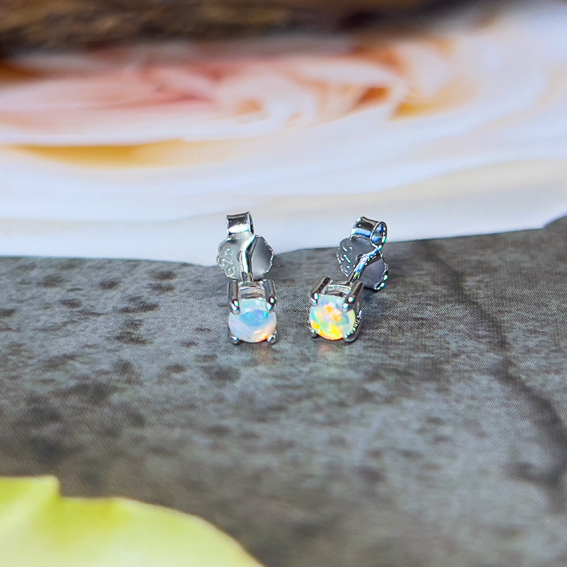 One pair of 9kt White Gold 3.5mm Crystal Opal earrings studs - Masterpiece Jewellery Opal & Gems Sydney Australia | Online Shop