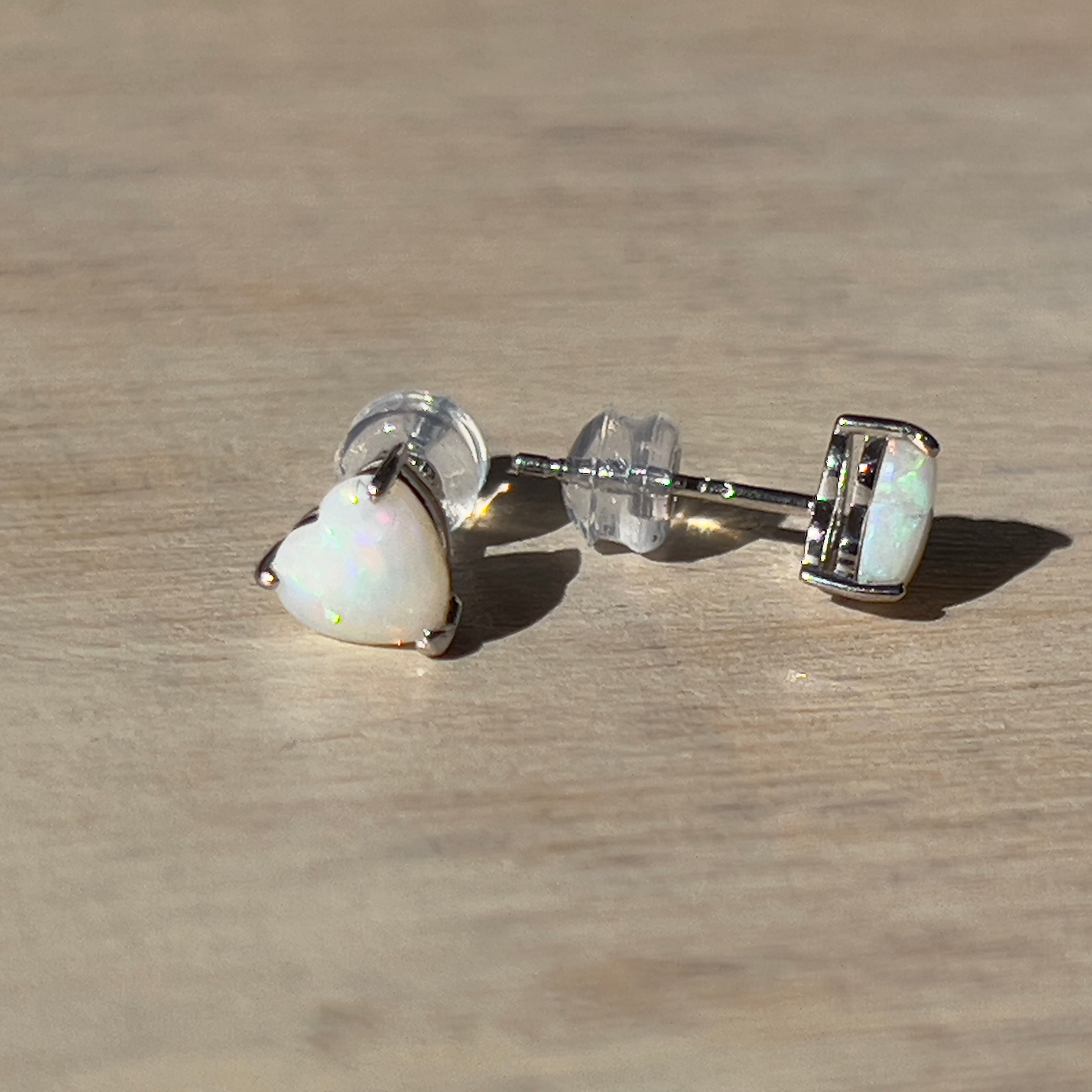 9KT White Gold Opal Stud Earrings, 6mm Heart Shape, Handmade Gift for Her, Minimalist & Dainty Gold Earrings, Cute Opal Jewelry, Birthstone Earrings - Masterpiece Jewellery Opal & Gems Sydney Australia | Online Shop