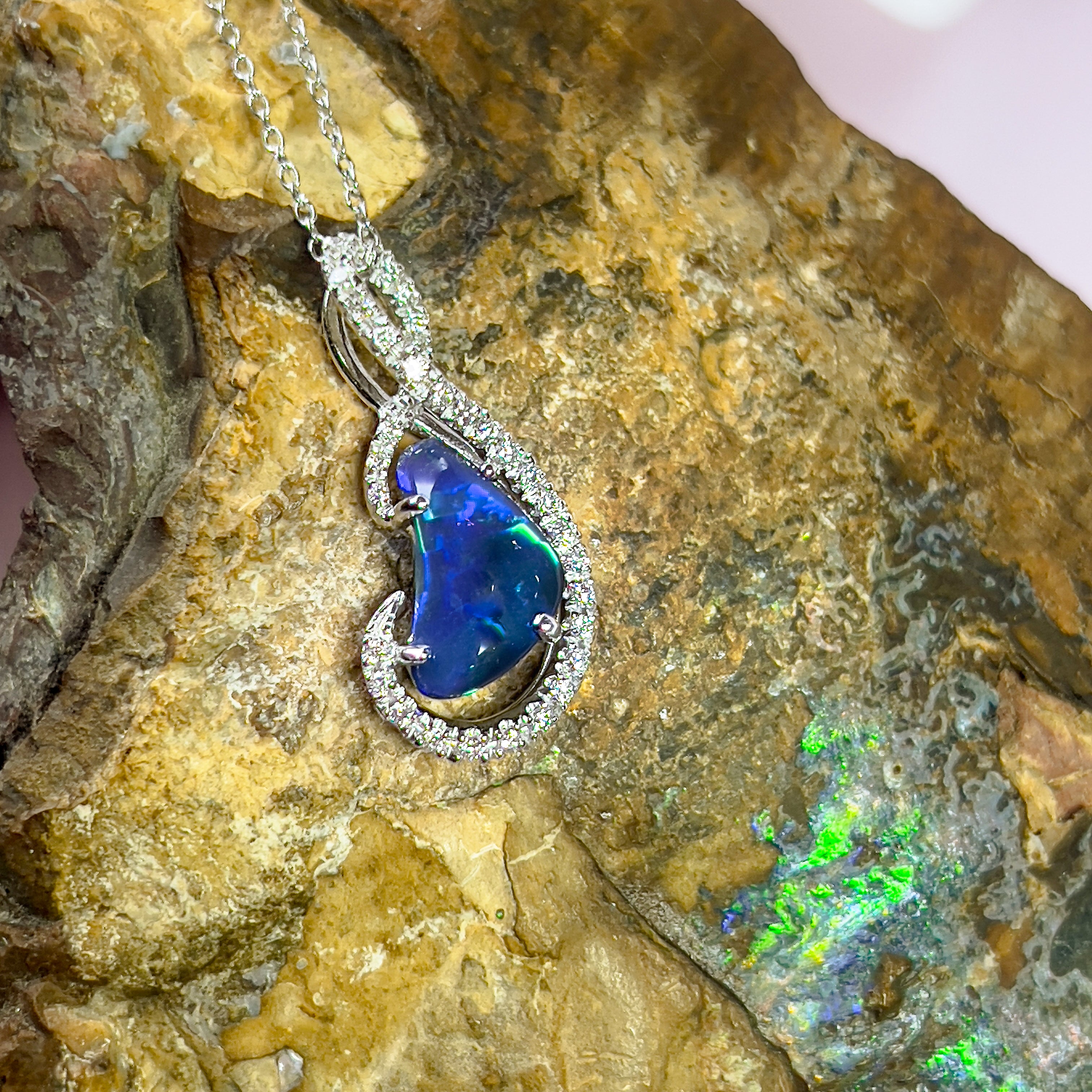 18kt White Gold Black Opal & Diamond Pendant - Exquisite Gold & Silver Opal Necklace Options, Dainty Opal Pendants - Masterpiece Jewellery Opal & Gems Sydney Australia | Online Shop