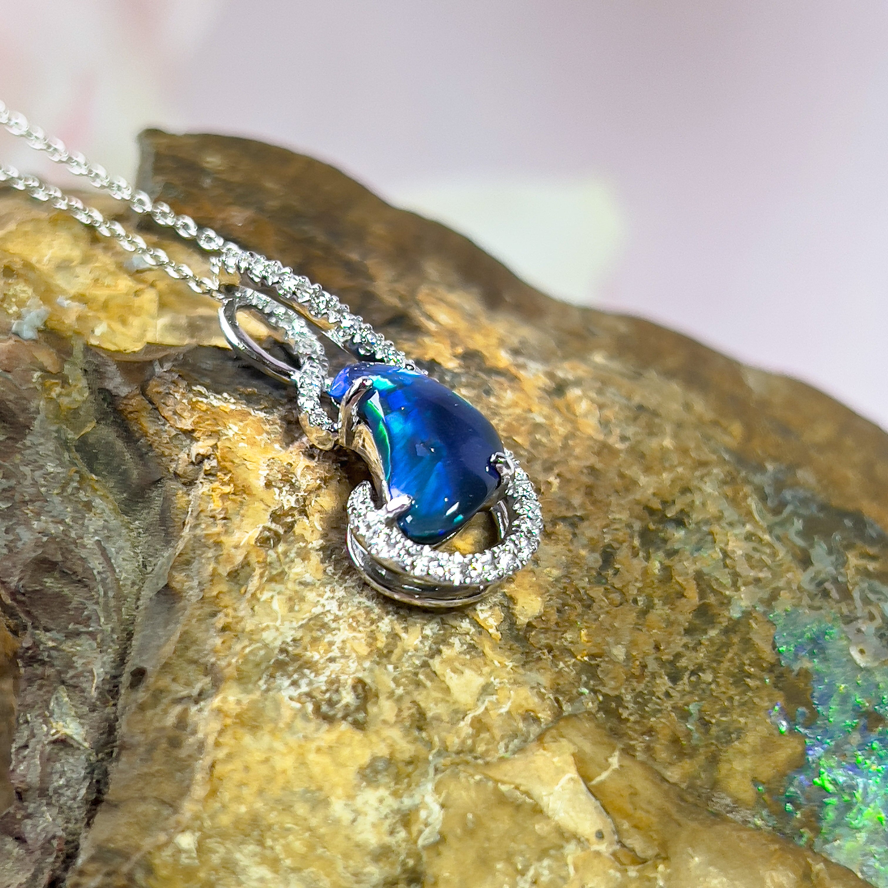 18kt White Gold Black Opal & Diamond Pendant - Exquisite Gold & Silver Opal Necklace Options, Dainty Opal Pendants - Masterpiece Jewellery Opal & Gems Sydney Australia | Online Shop