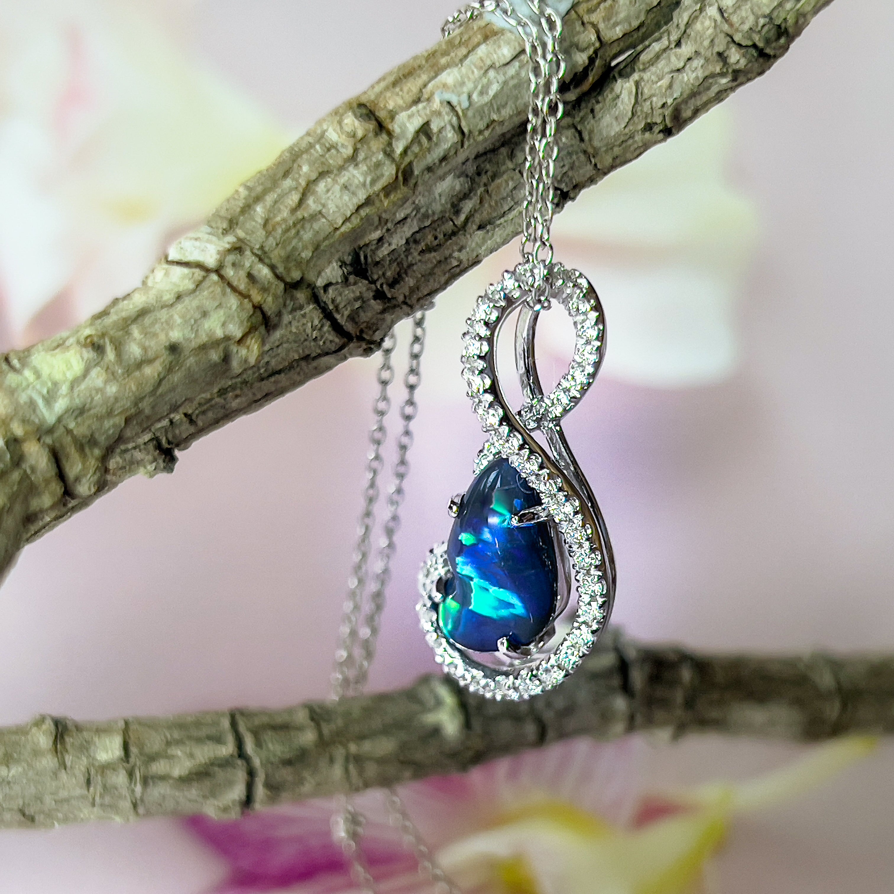 18kt White Gold Black Opal & Diamond Pendant - Exquisite Gold & Silver Opal Necklace Options, Dainty Opal Pendants - Masterpiece Jewellery Opal & Gems Sydney Australia | Online Shop