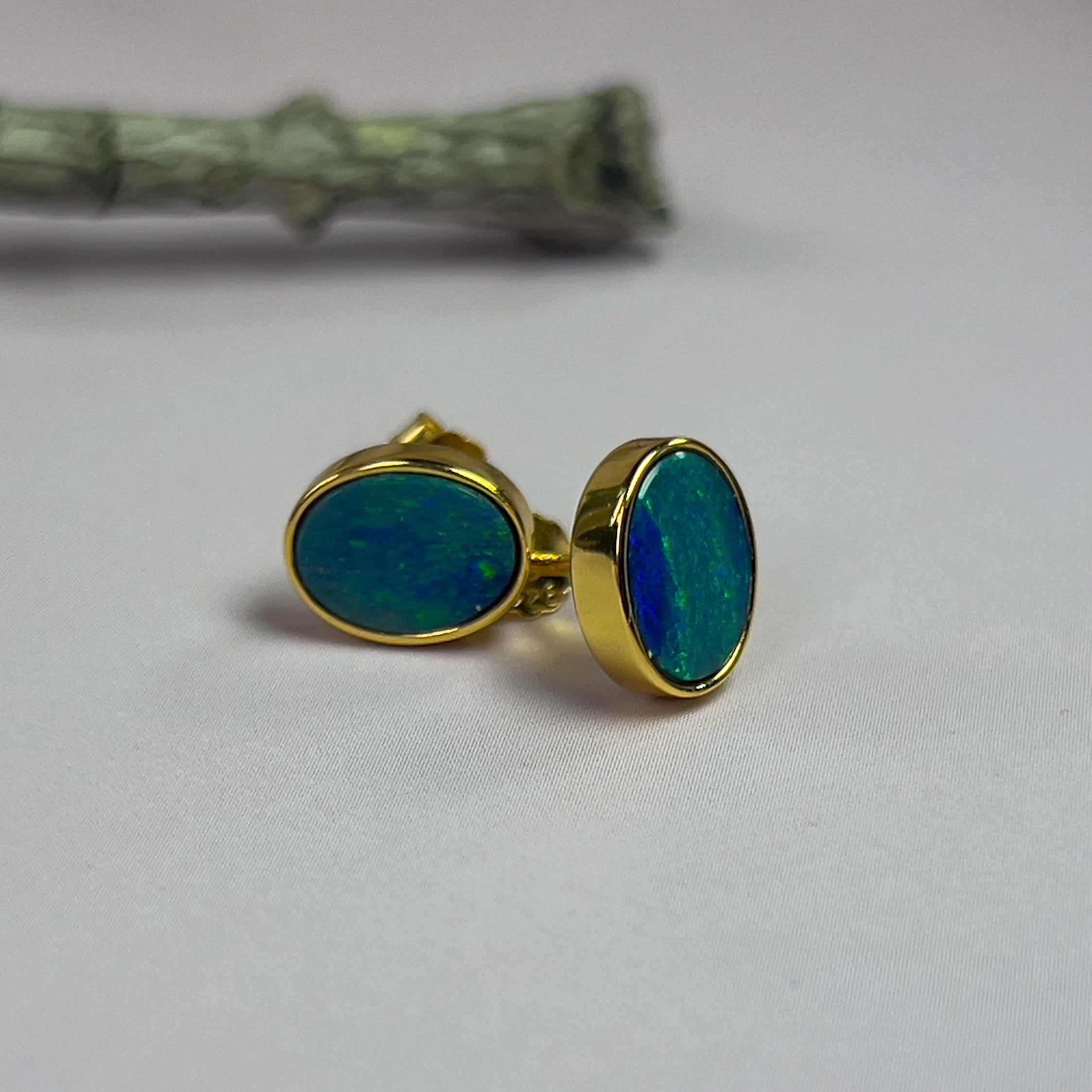 Sterling Silver Gold Plated Opal doublet 8x6mm bezel set style earrings - Masterpiece Jewellery Opal & Gems Sydney Australia | Online Shop