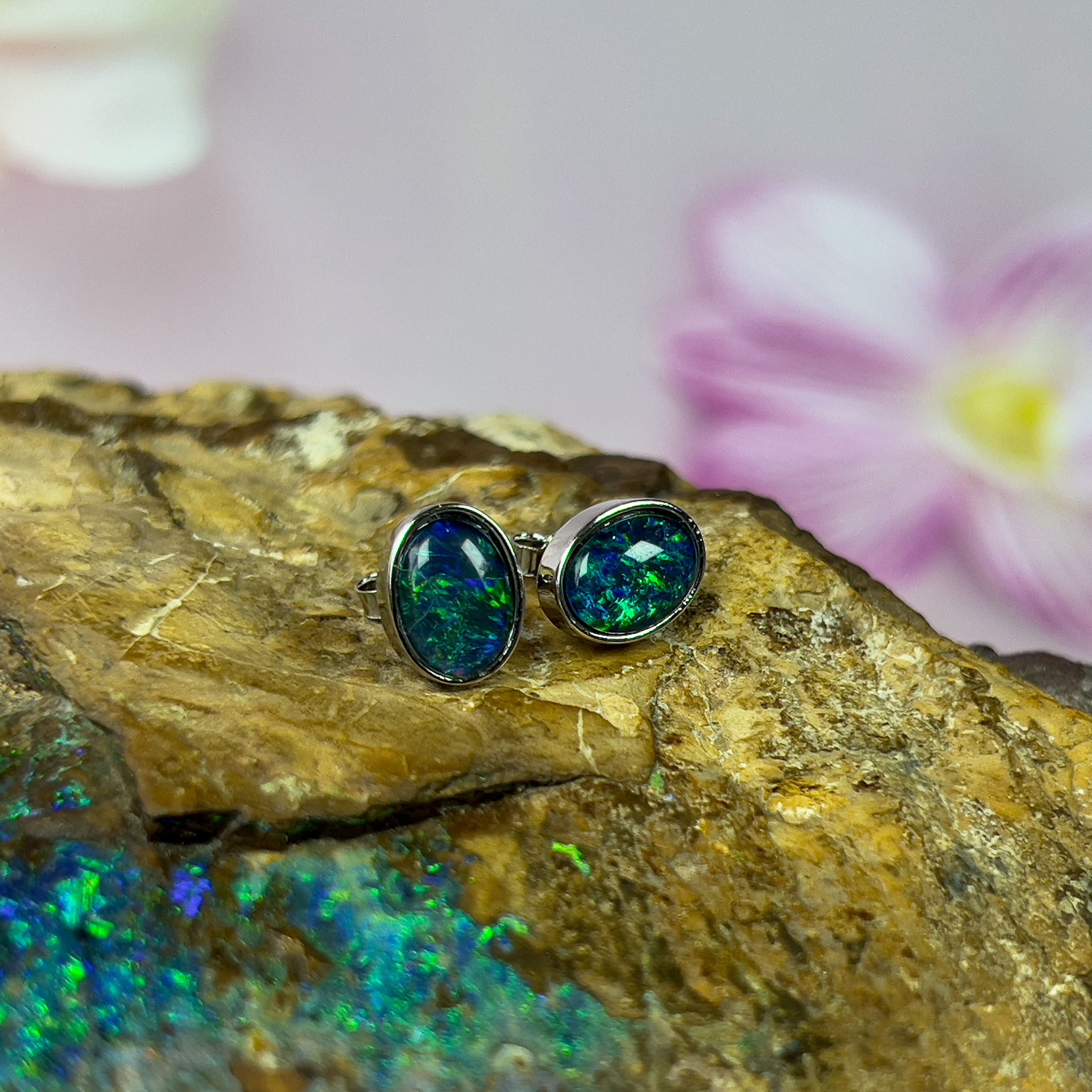 Sterling Silver Bezel Studs, 8x6mm Triplet Opal Earrings, Handmade Dainty Birthstone Jewelry, Perfect Gift for Her - Masterpiece Jewellery Opal & Gems Sydney Australia | Online Shop