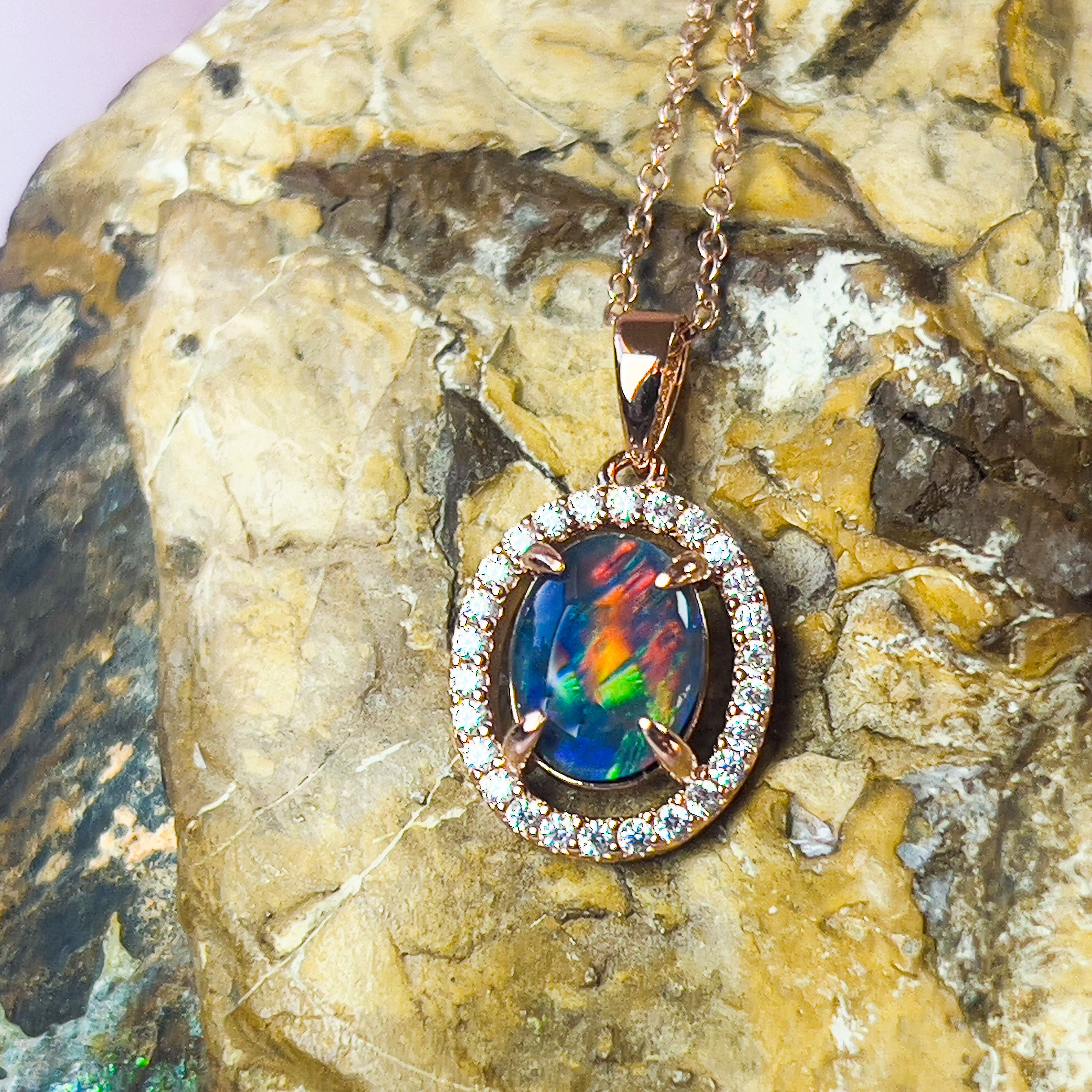 Rose Gold Plated Sterling Silver Triplet Opal Pendant - Dainty, Silver & Gold, Raw or Fire Opal Necklace Options - Masterpiece Jewellery Opal & Gems Sydney Australia | Online Shop