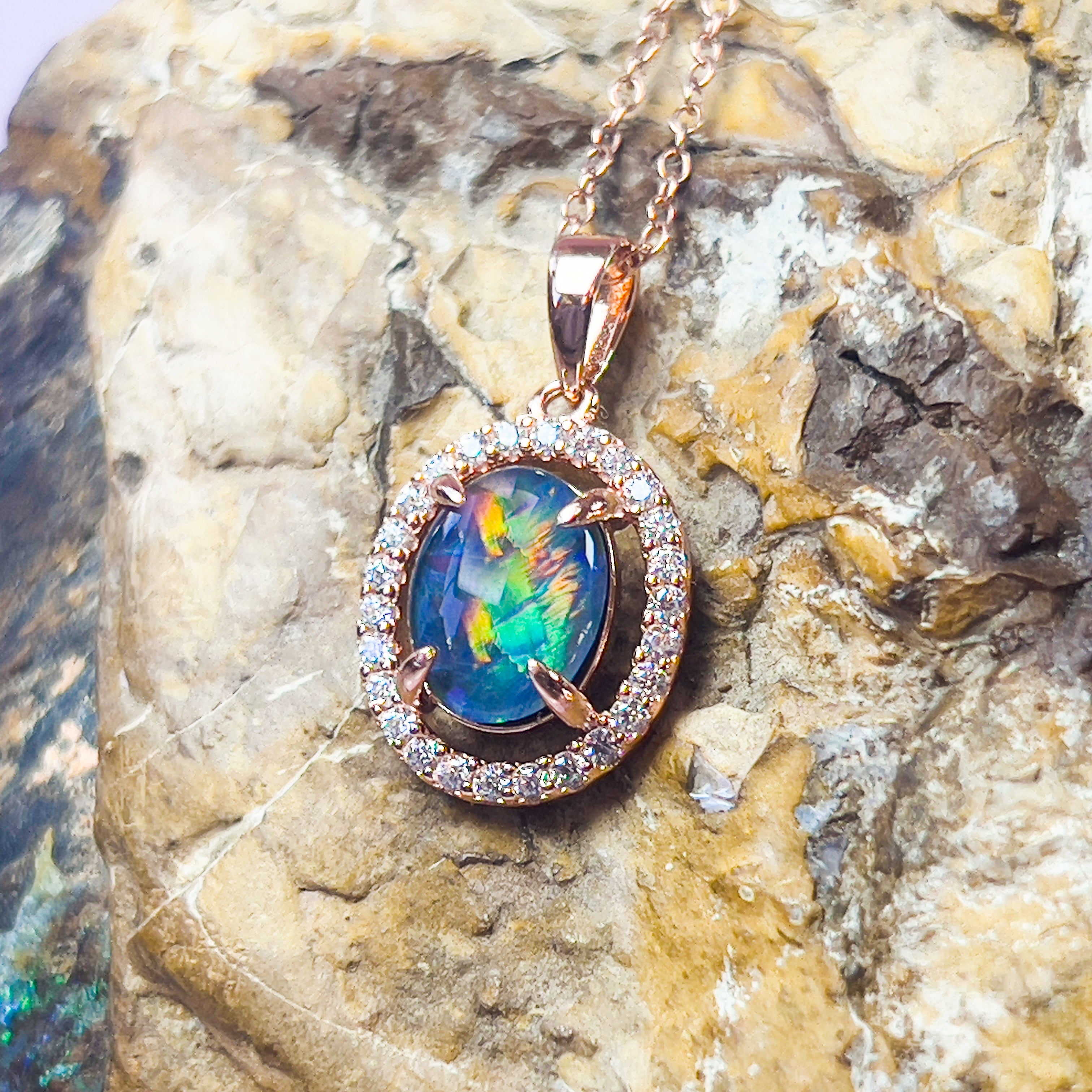 Rose Gold Plated Sterling Silver Triplet Opal Pendant - Dainty, Silver & Gold, Raw or Fire Opal Necklace Options - Masterpiece Jewellery Opal & Gems Sydney Australia | Online Shop