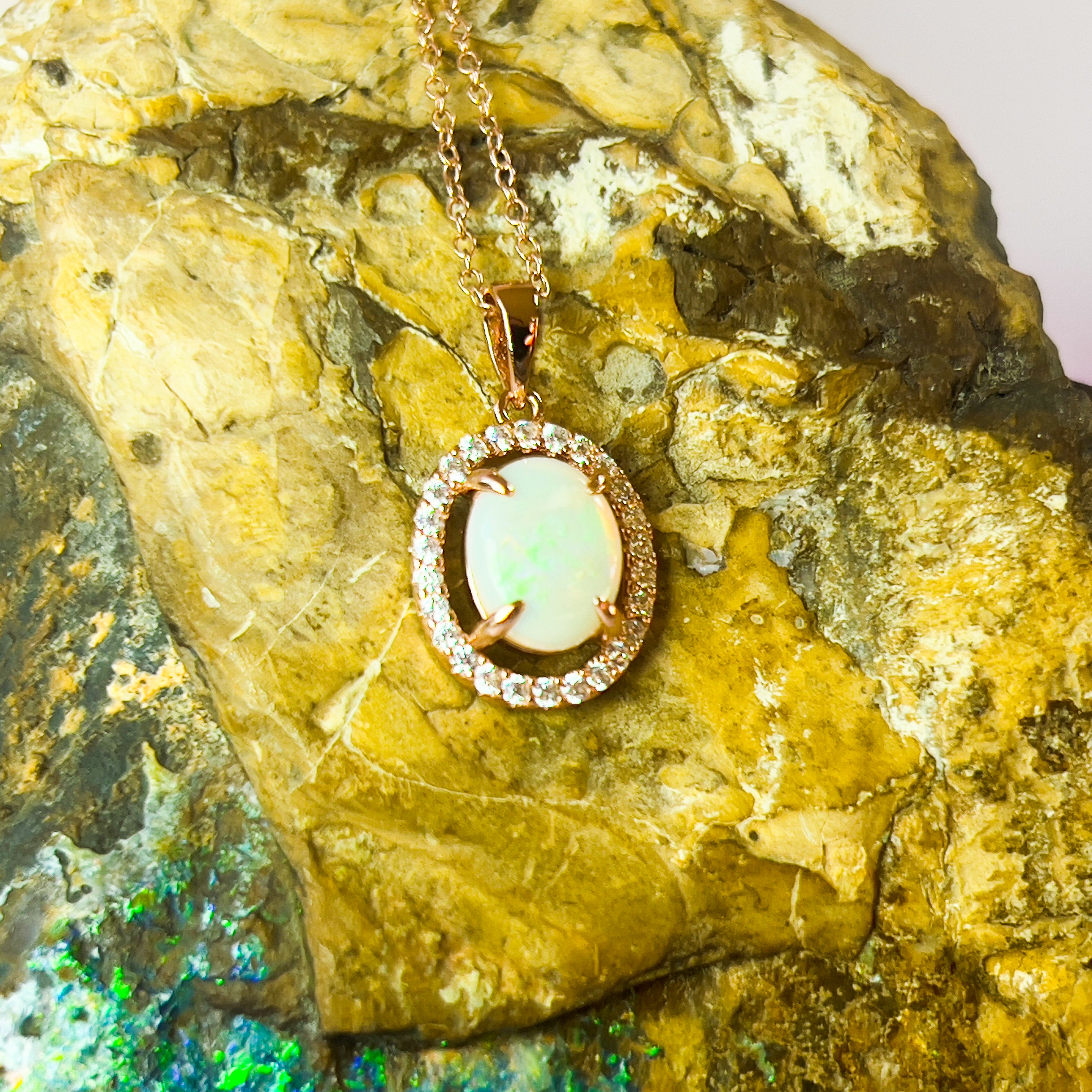 Rose Gold Plated Sterling Silver White Opal Halo Pendant - Dainty, Gold & Silver, Raw & Fire Opal Necklace" - Masterpiece Jewellery Opal & Gems Sydney Australia | Online Shop