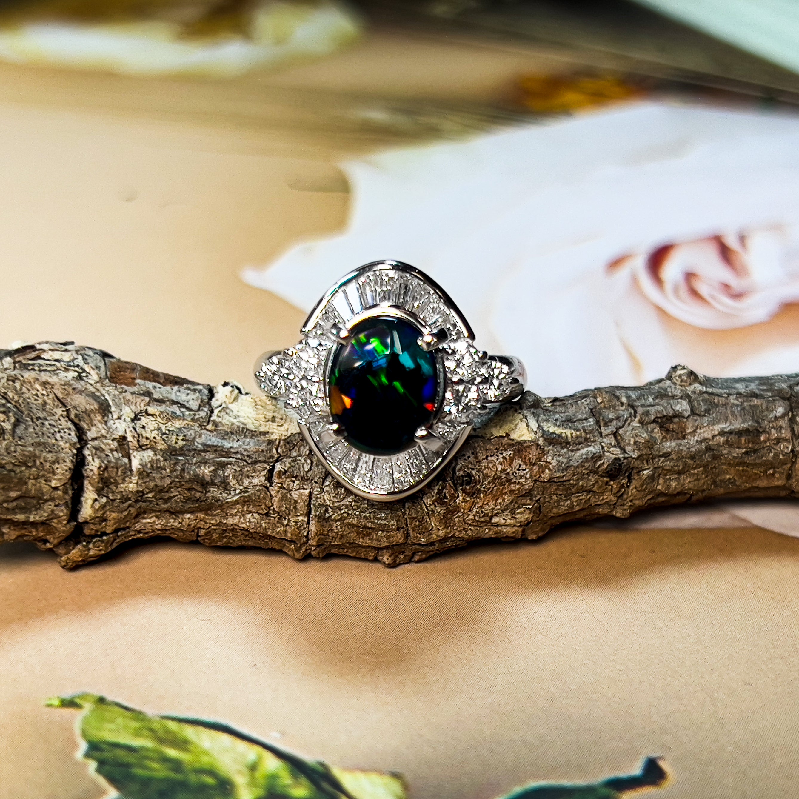 Platinum ring cluster design set with 1.56ct Black Opal and 0.91ct Diamonds - Masterpiece Jewellery Opal & Gems Sydney Australia | Online Shop