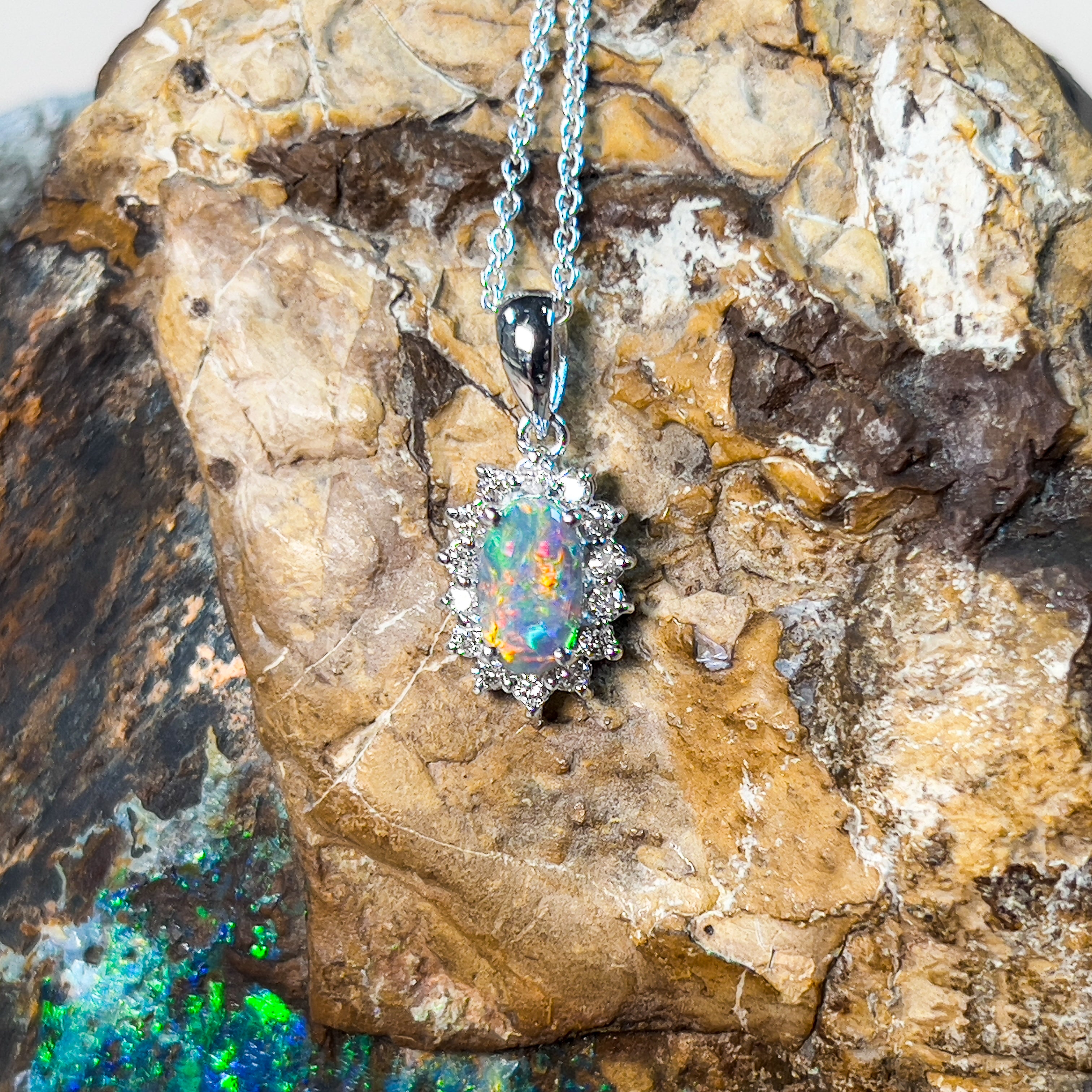 18kt White Gold cluster pendant Black Opal 0.88ct and Diamonds - Masterpiece Jewellery Opal & Gems Sydney Australia | Online Shop