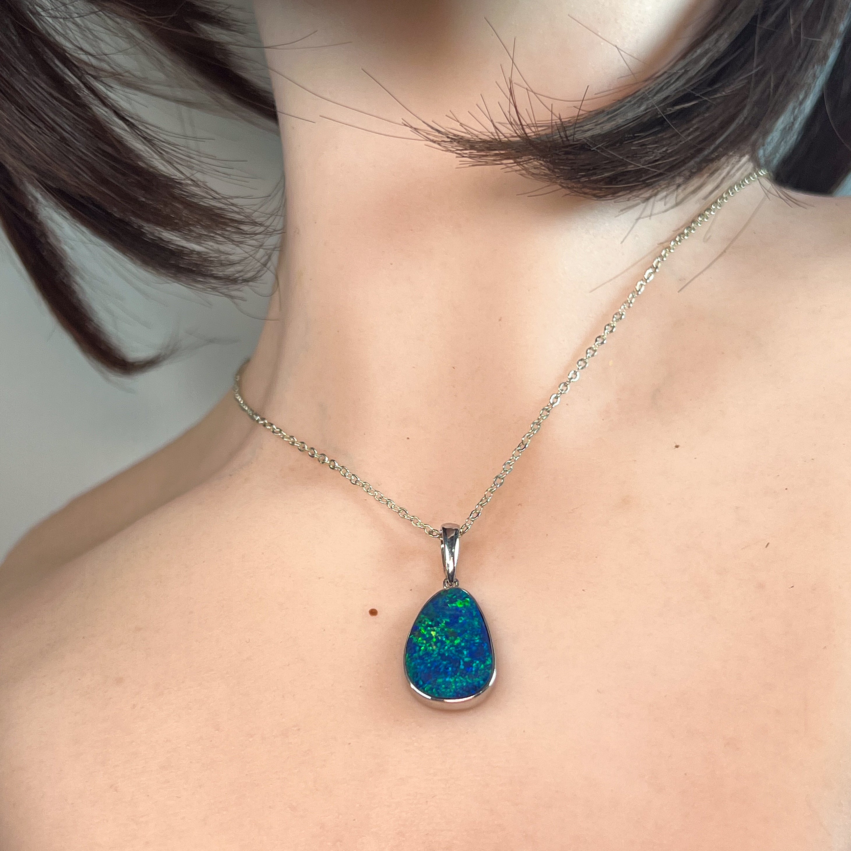 Sterling Silver Blue Green large Opal doublet pendant