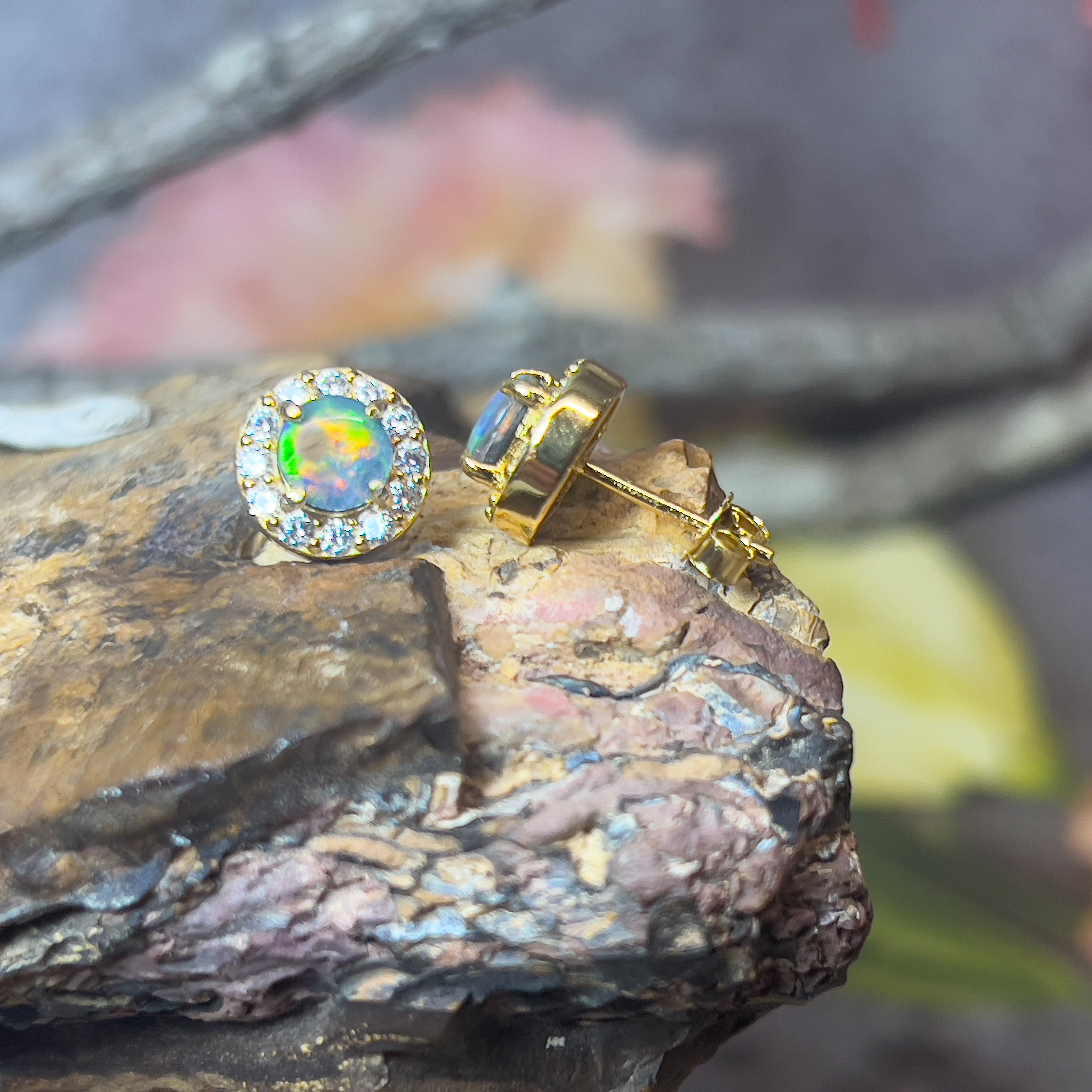 Gold Plated Sterling Silver 5mm Opal triplet halo earring studs - Masterpiece Jewellery Opal & Gems Sydney Australia | Online Shop