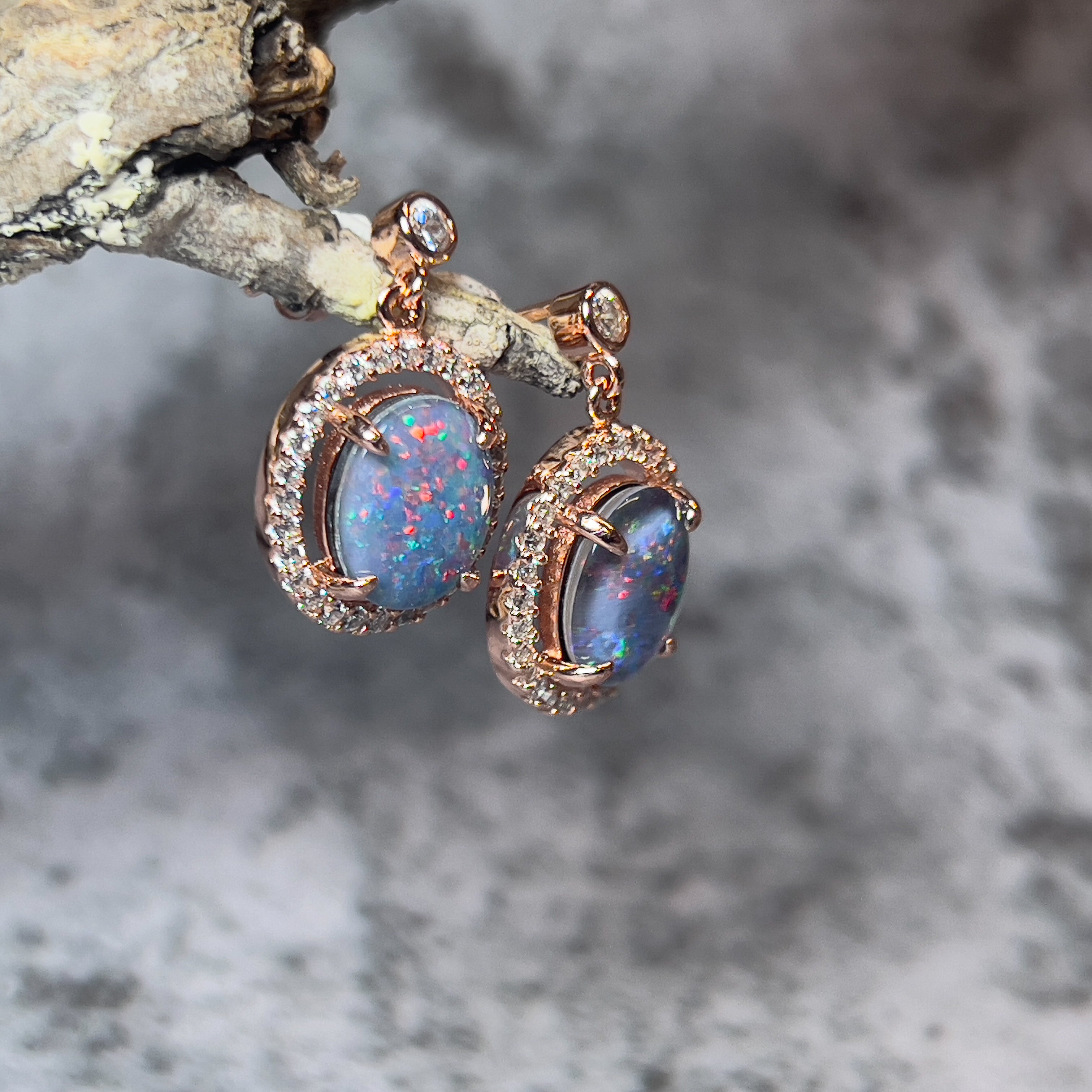 Rose Gold plated dangling halo 10x8mm triplet Opal earrings - Masterpiece Jewellery Opal & Gems Sydney Australia | Online Shop