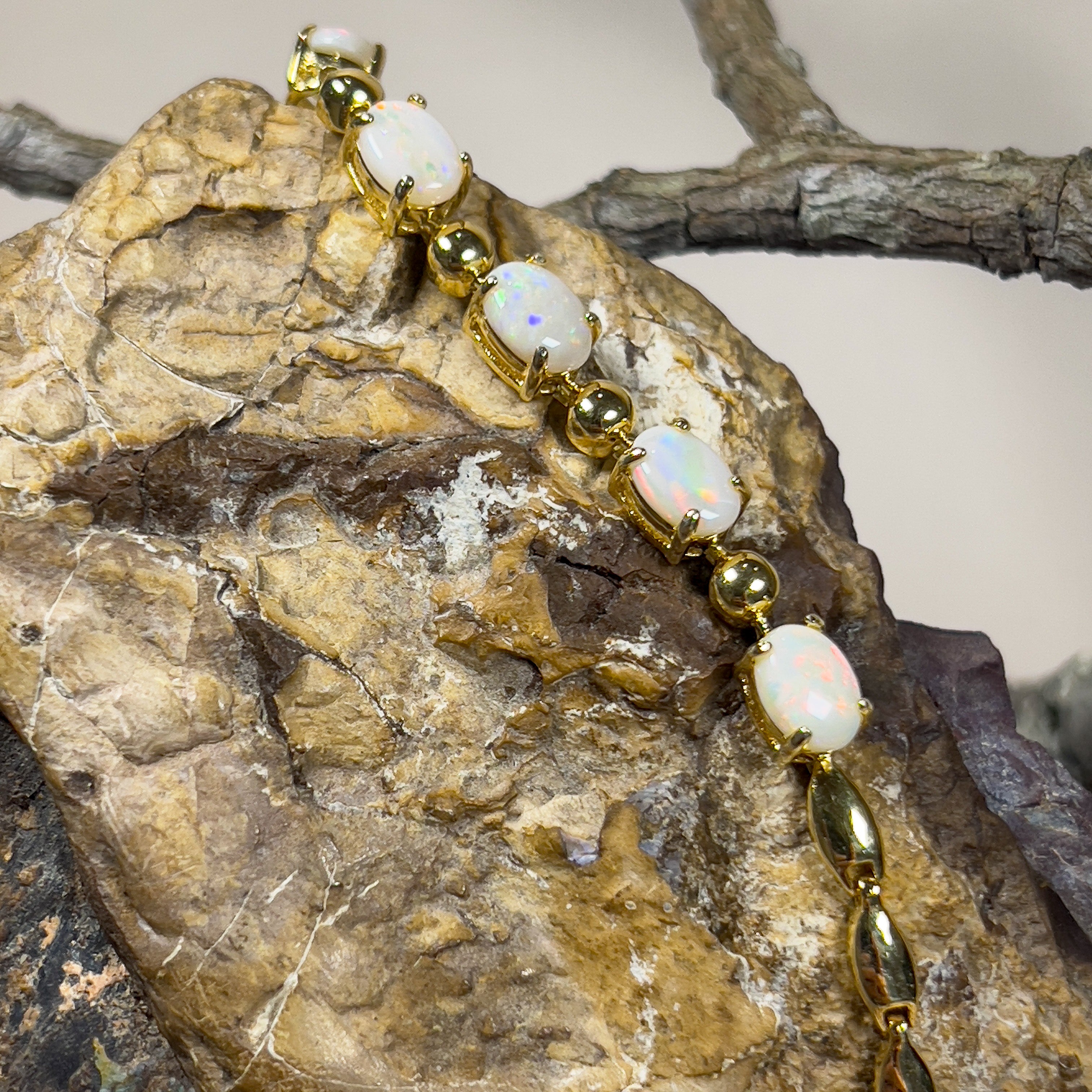Gold plated Sterling Silver 7x5mm White Opal and ball alternating bracelet - Masterpiece Jewellery Opal & Gems Sydney Australia | Online Shop