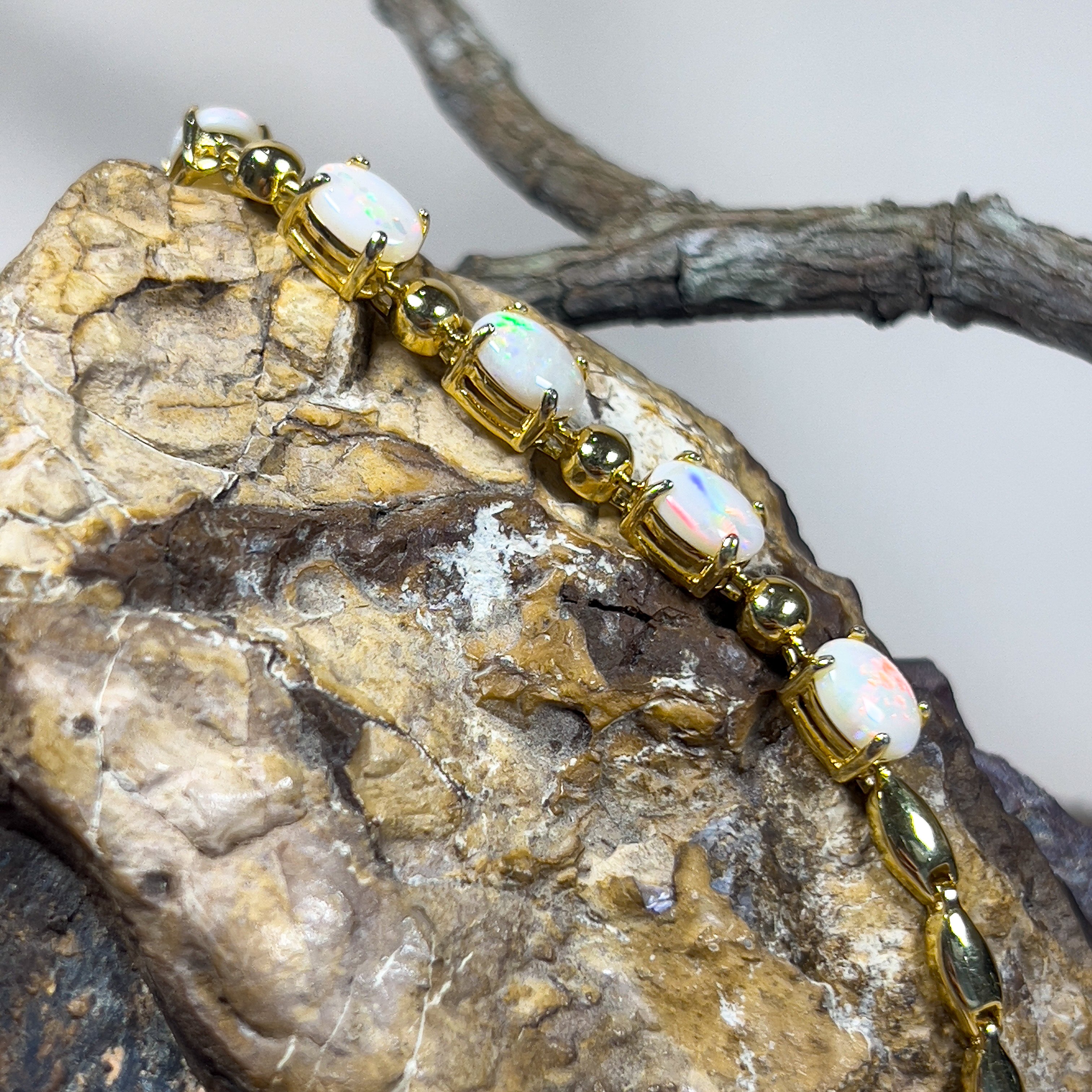 Gold plated Sterling Silver 7x5mm White Opal and ball alternating bracelet - Masterpiece Jewellery Opal & Gems Sydney Australia | Online Shop