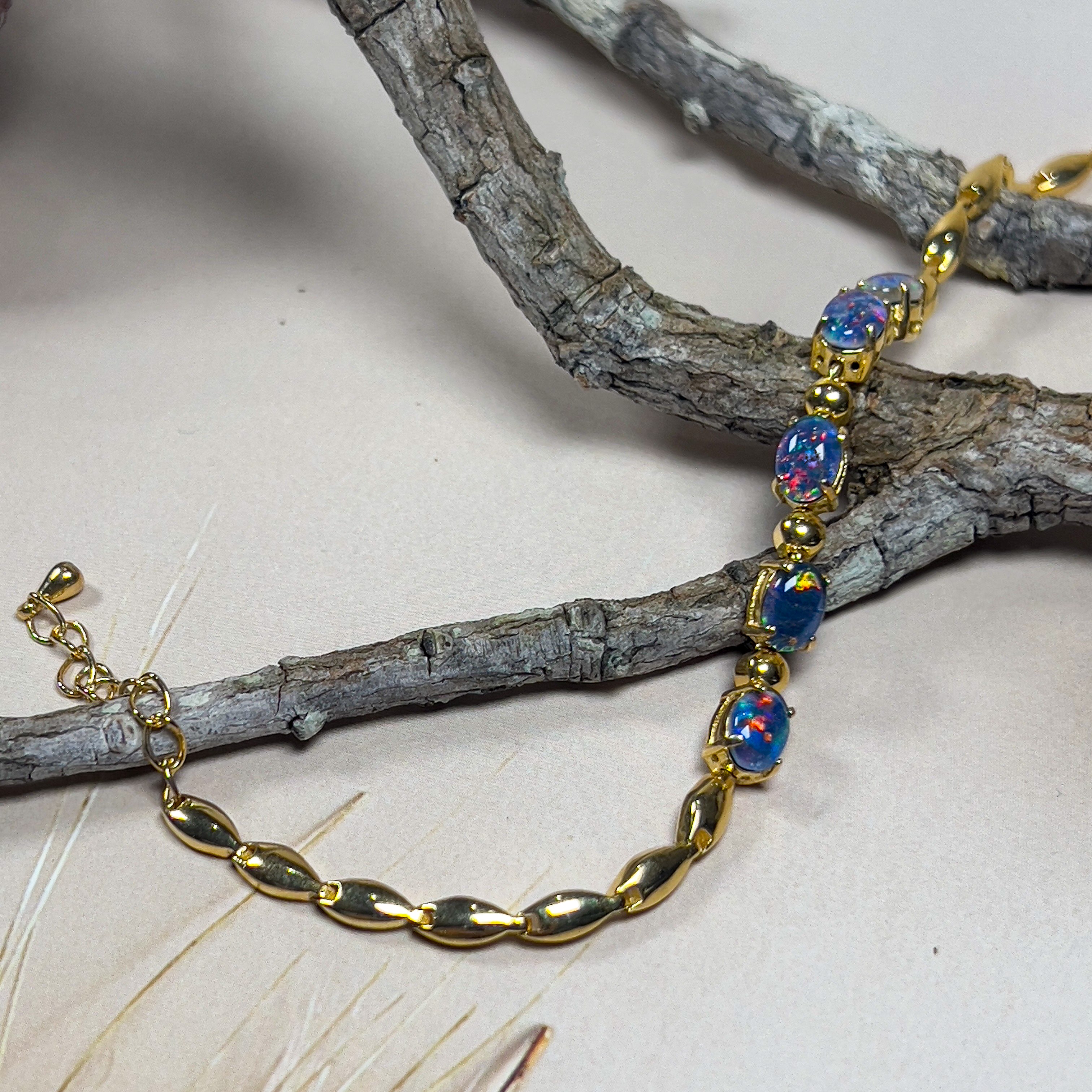 Gold Plated Silver 7x5mm Opal triplet and ball bracelet design - Masterpiece Jewellery Opal & Gems Sydney Australia | Online Shop