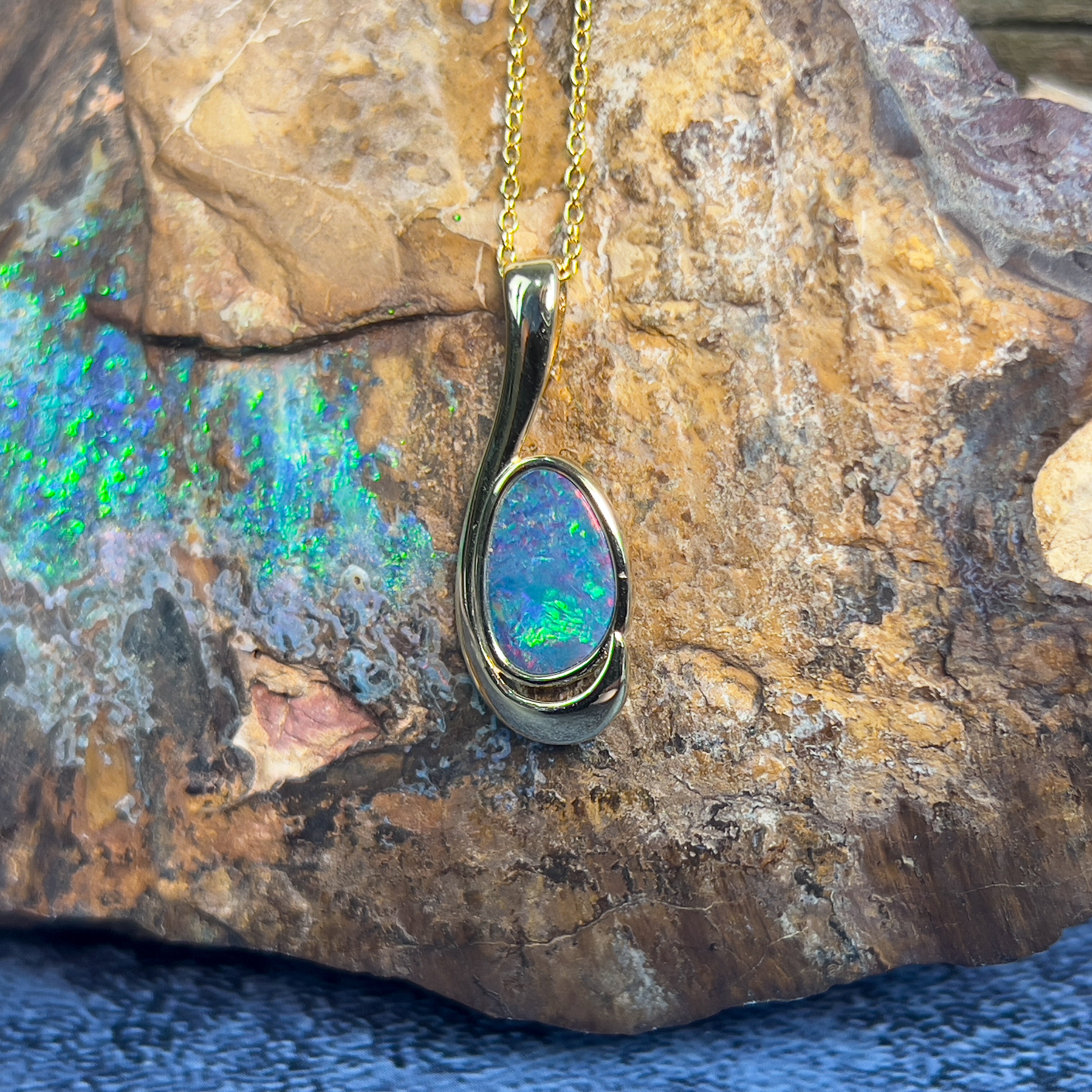 Gold Plated swirl Opal doublet 27.7x11mm pendant - Masterpiece Jewellery Opal & Gems Sydney Australia | Online Shop