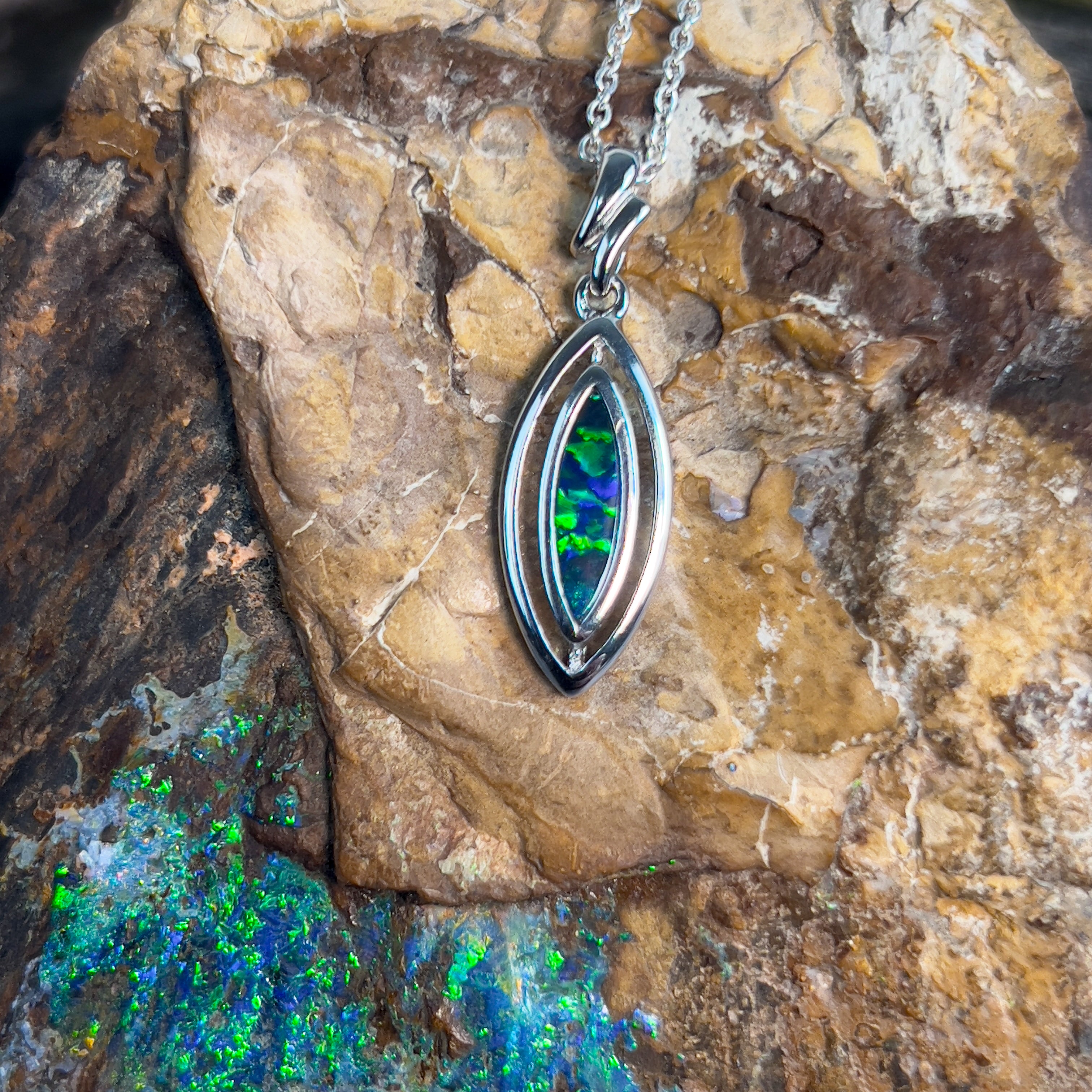 Sterling Silver Marquise shape Opal doublet 12x4mm pendant - Masterpiece Jewellery Opal & Gems Sydney Australia | Online Shop