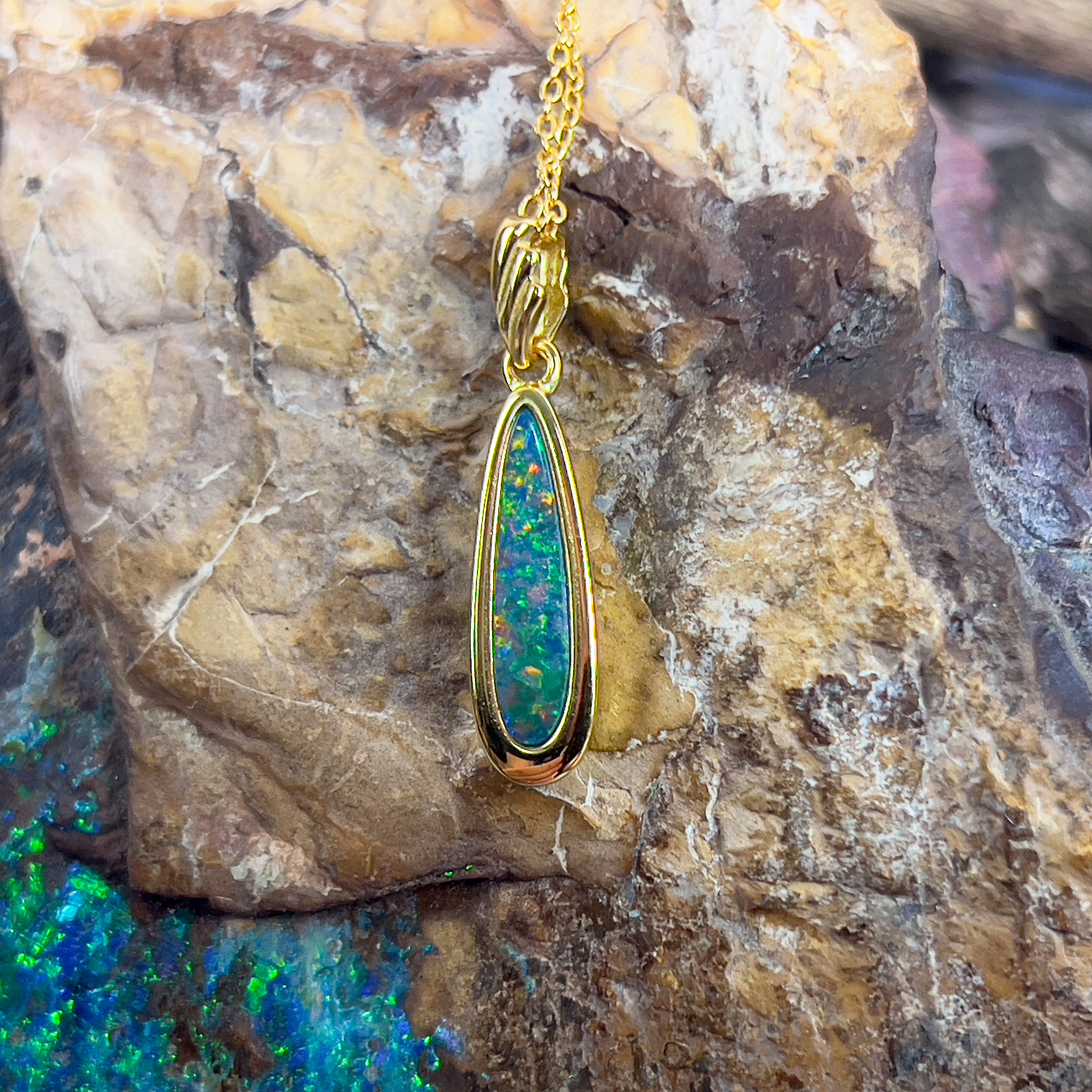 Yellow Gold plated silver opal doublet 27x6.2mm pendant - Masterpiece Jewellery Opal & Gems Sydney Australia | Online Shop