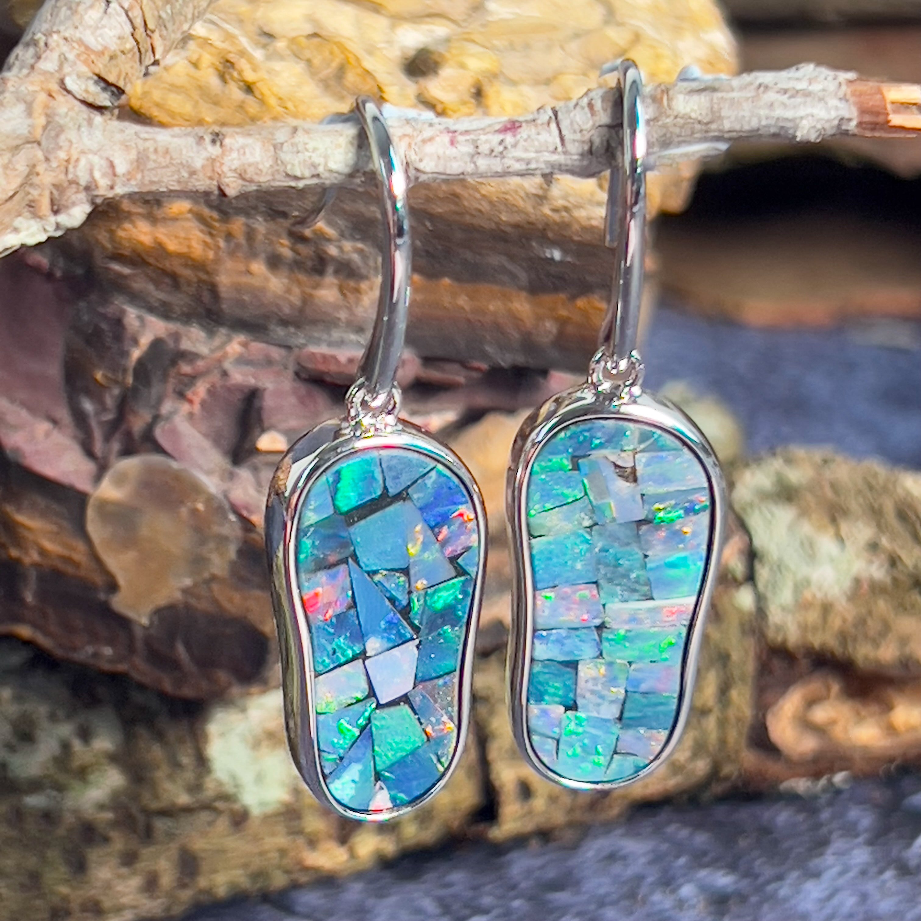 Sterling Silver long drop mosiac Opal earrings - Masterpiece Jewellery Opal & Gems Sydney Australia | Online Shop