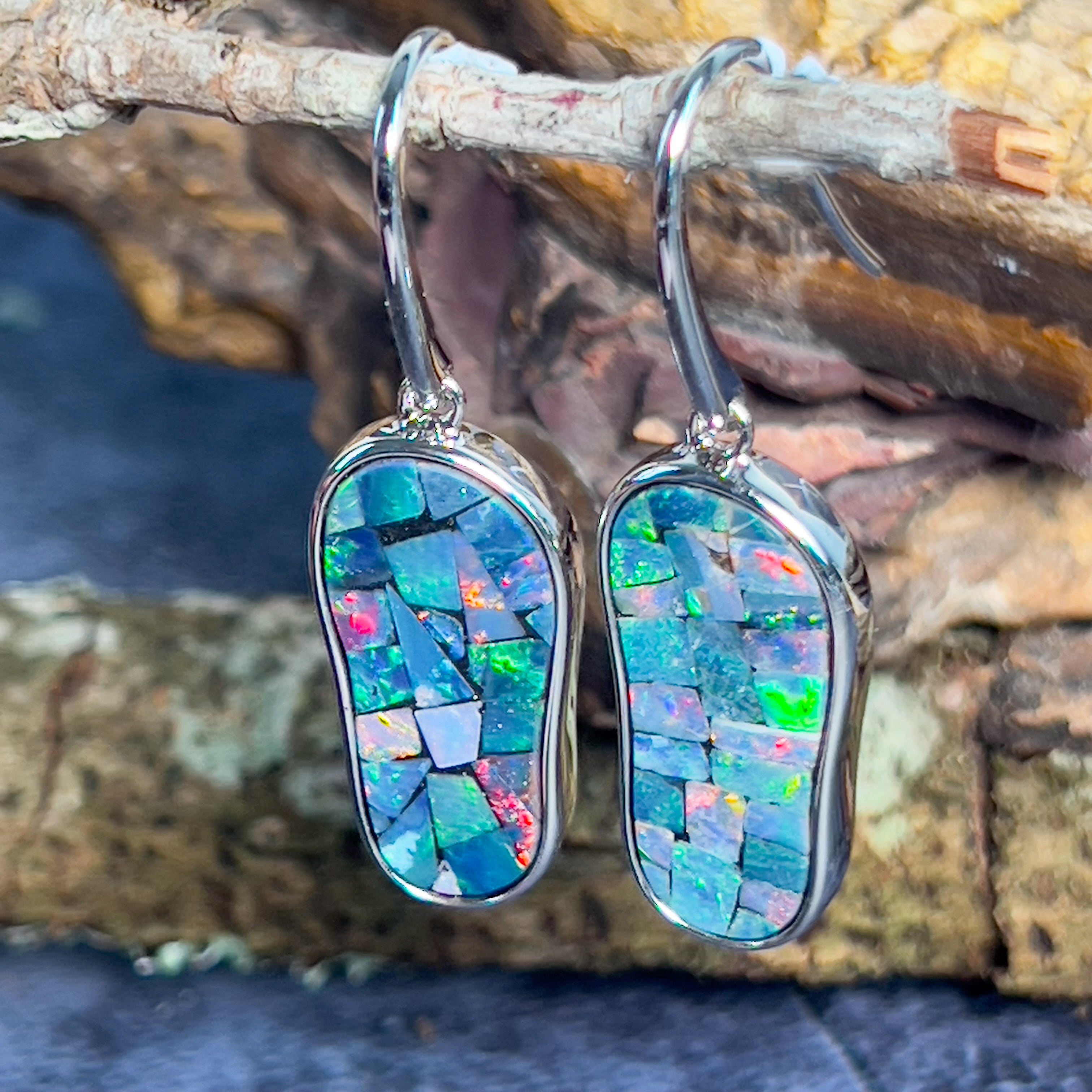 Sterling Silver long drop mosiac Opal earrings - Masterpiece Jewellery Opal & Gems Sydney Australia | Online Shop