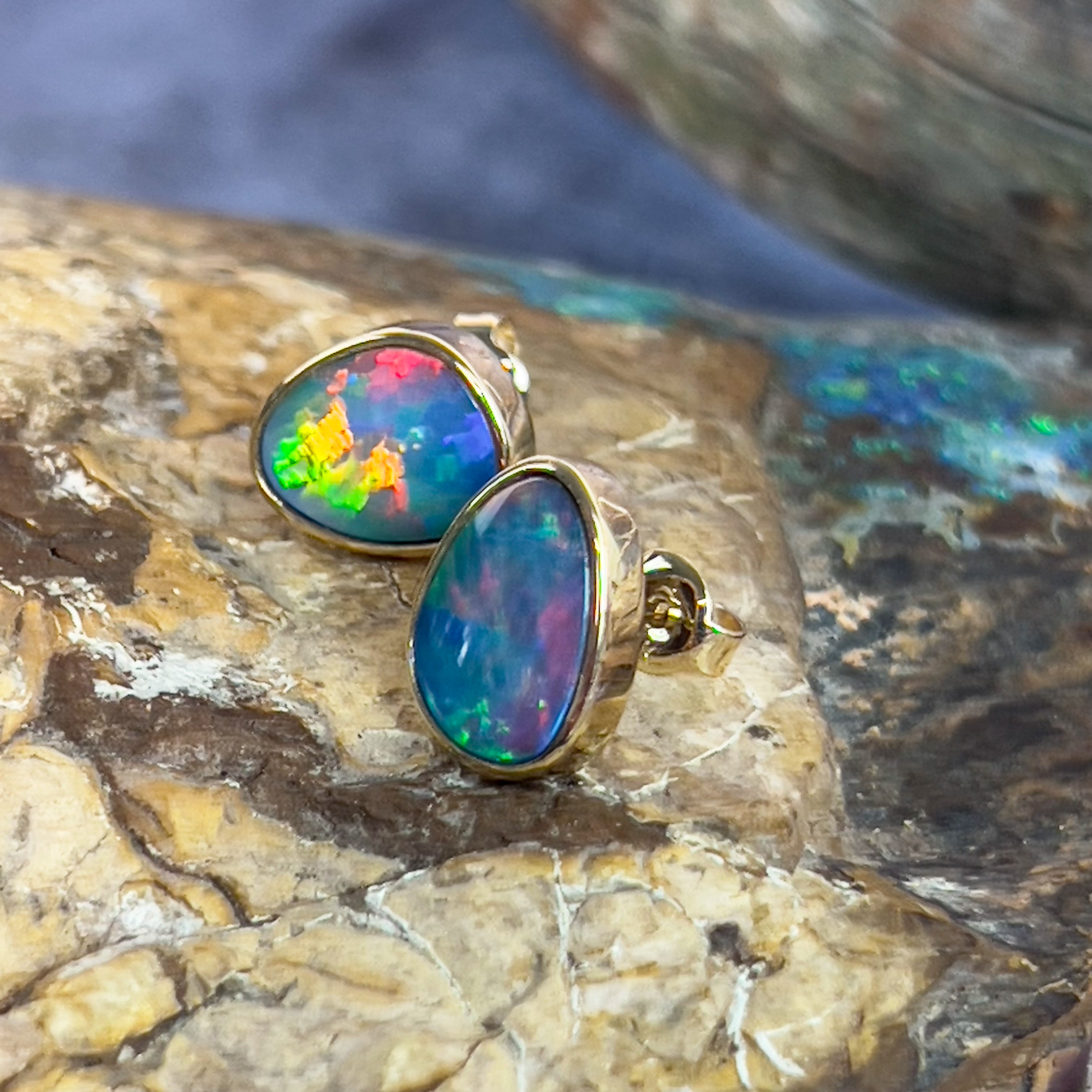 14kt Yellow Gold freeform opal doublet red studs - Masterpiece Jewellery Opal & Gems Sydney Australia | Online Shop