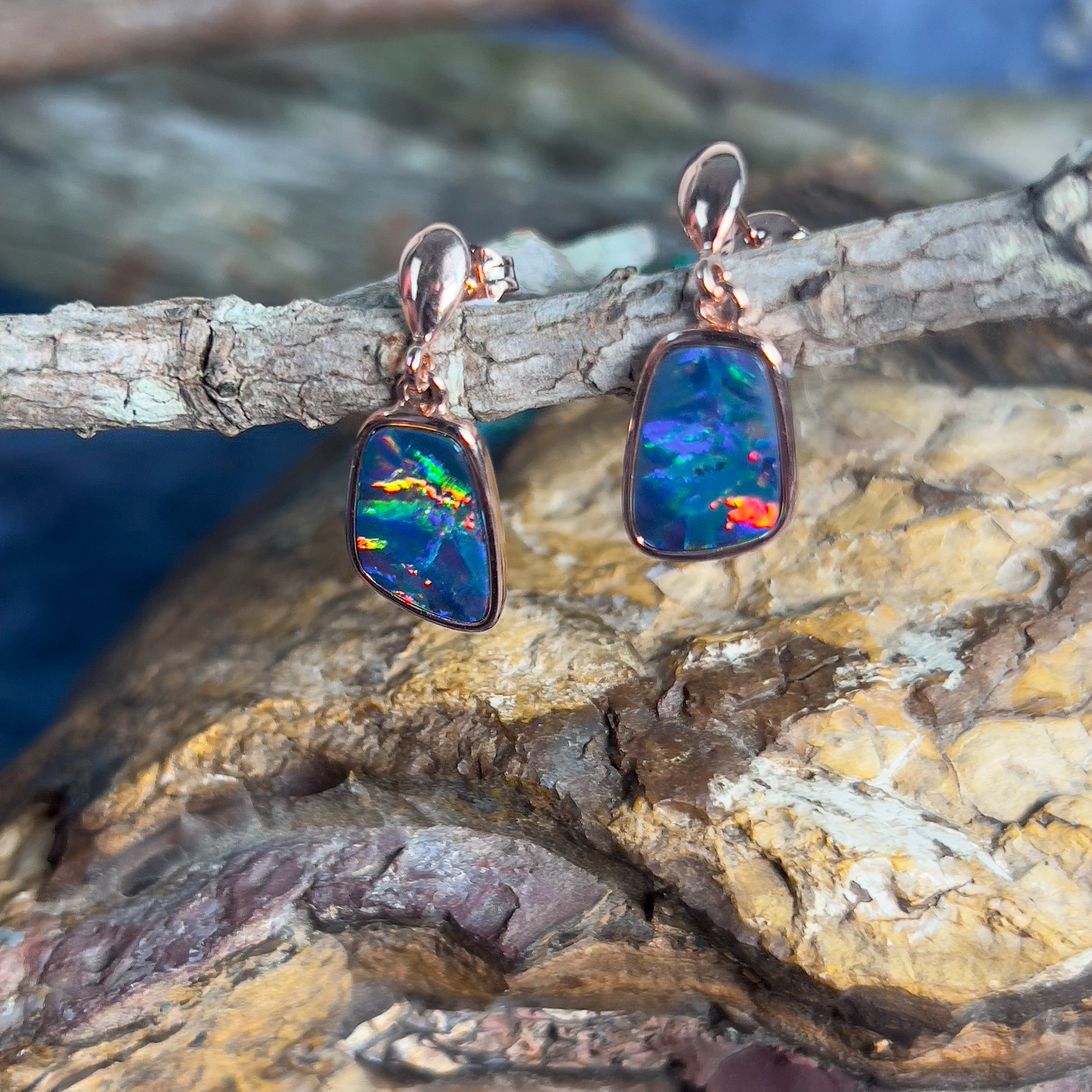 Rose Gold plated sterling silver dangling Opal doublet earrings - Masterpiece Jewellery Opal & Gems Sydney Australia | Online Shop