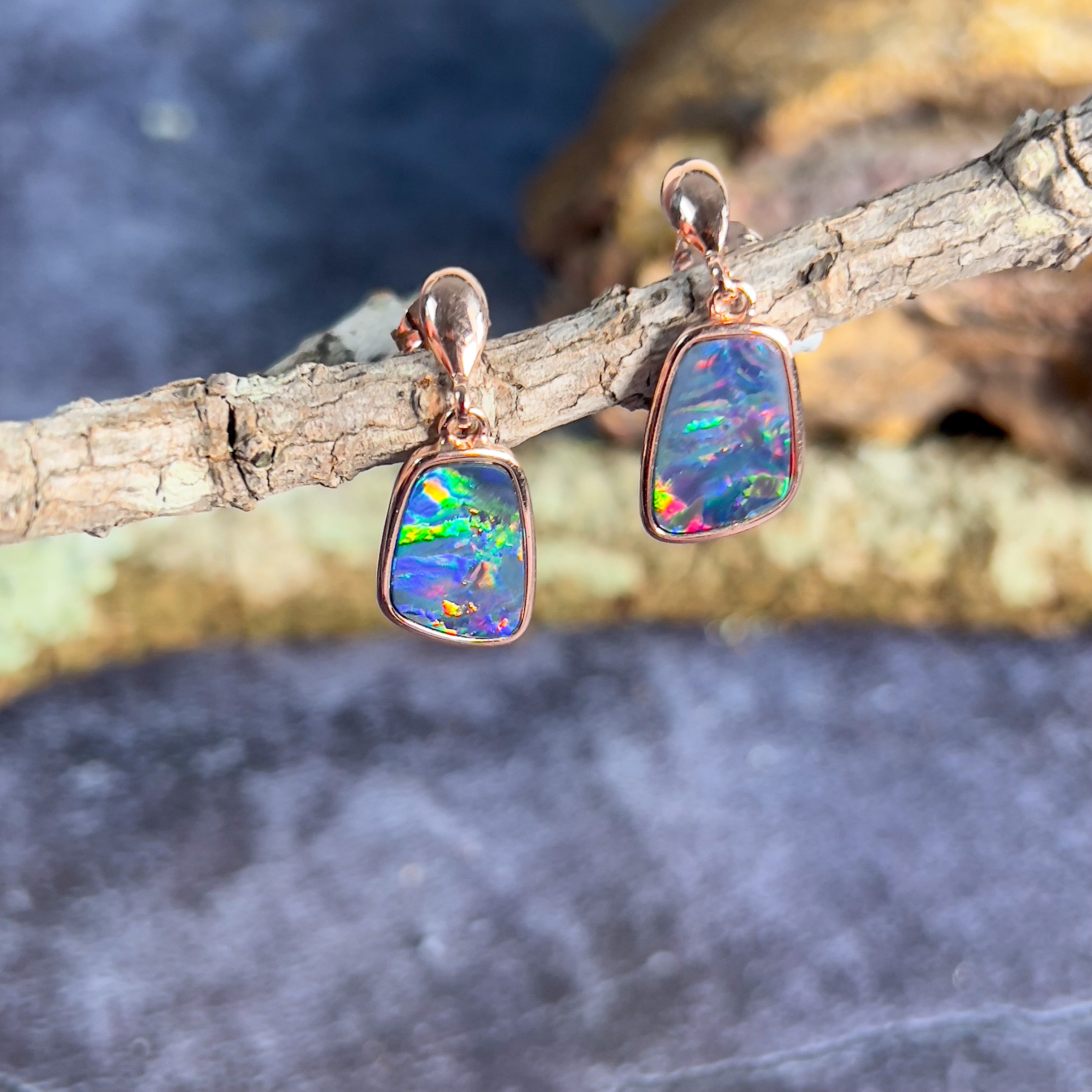 Rose Gold plated sterling silver dangling Opal doublet earrings - Masterpiece Jewellery Opal & Gems Sydney Australia | Online Shop