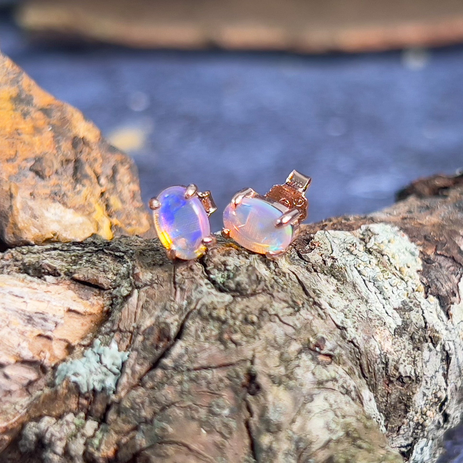 Rose Gold Sterling Silver 6x4mm Light Opal studs claw set - Masterpiece Jewellery Opal & Gems Sydney Australia | Online Shop