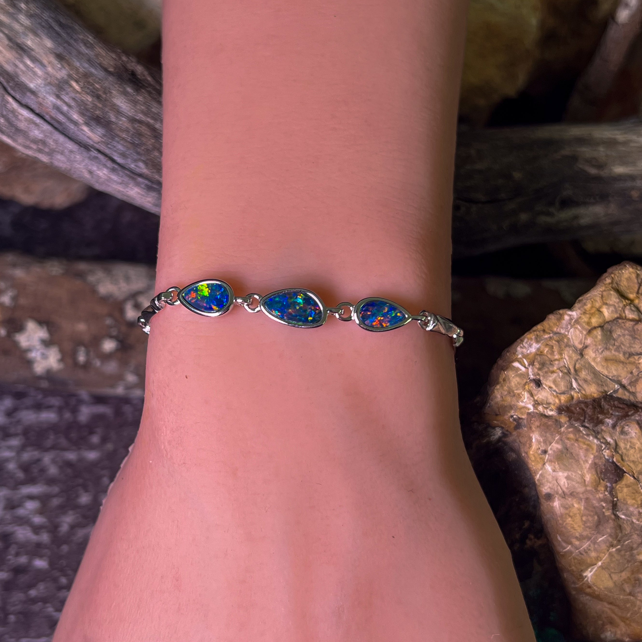 Sterling Silver Opal doublet freeform 3 stone bracelet
