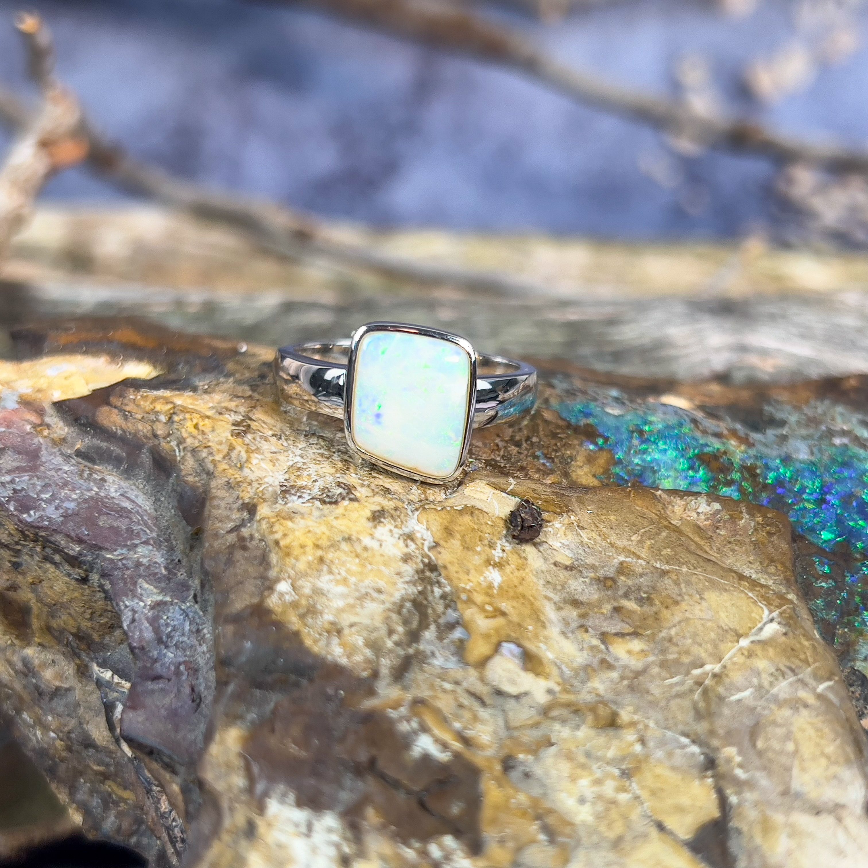 Sterling Silver square freeform White Opal 1.9ct ring - Masterpiece Jewellery Opal & Gems Sydney Australia | Online Shop