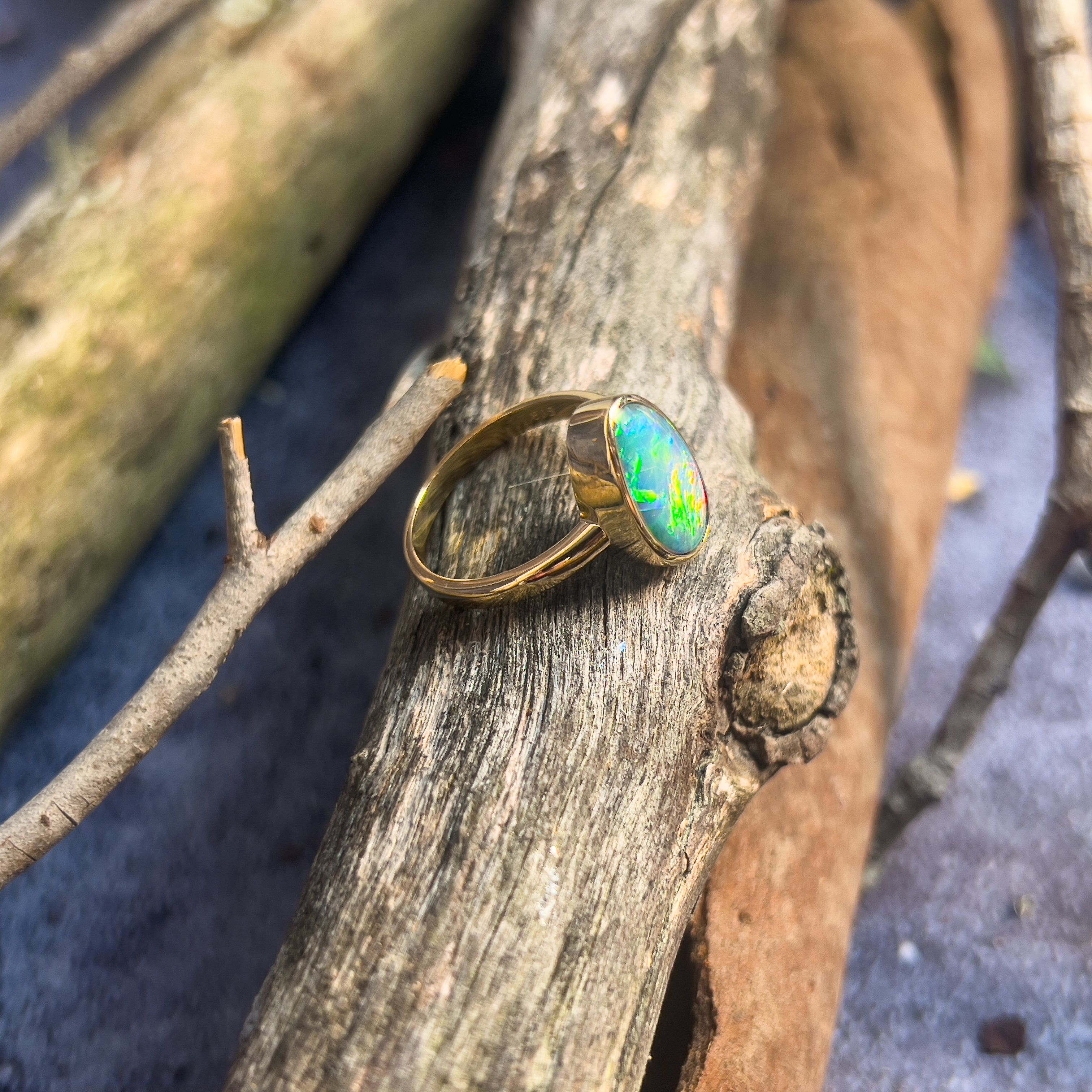 14kt Yellow Gold solitaire Black Opal 2.9ct doublet bezel set ring - Masterpiece Jewellery Opal & Gems Sydney Australia | Online Shop