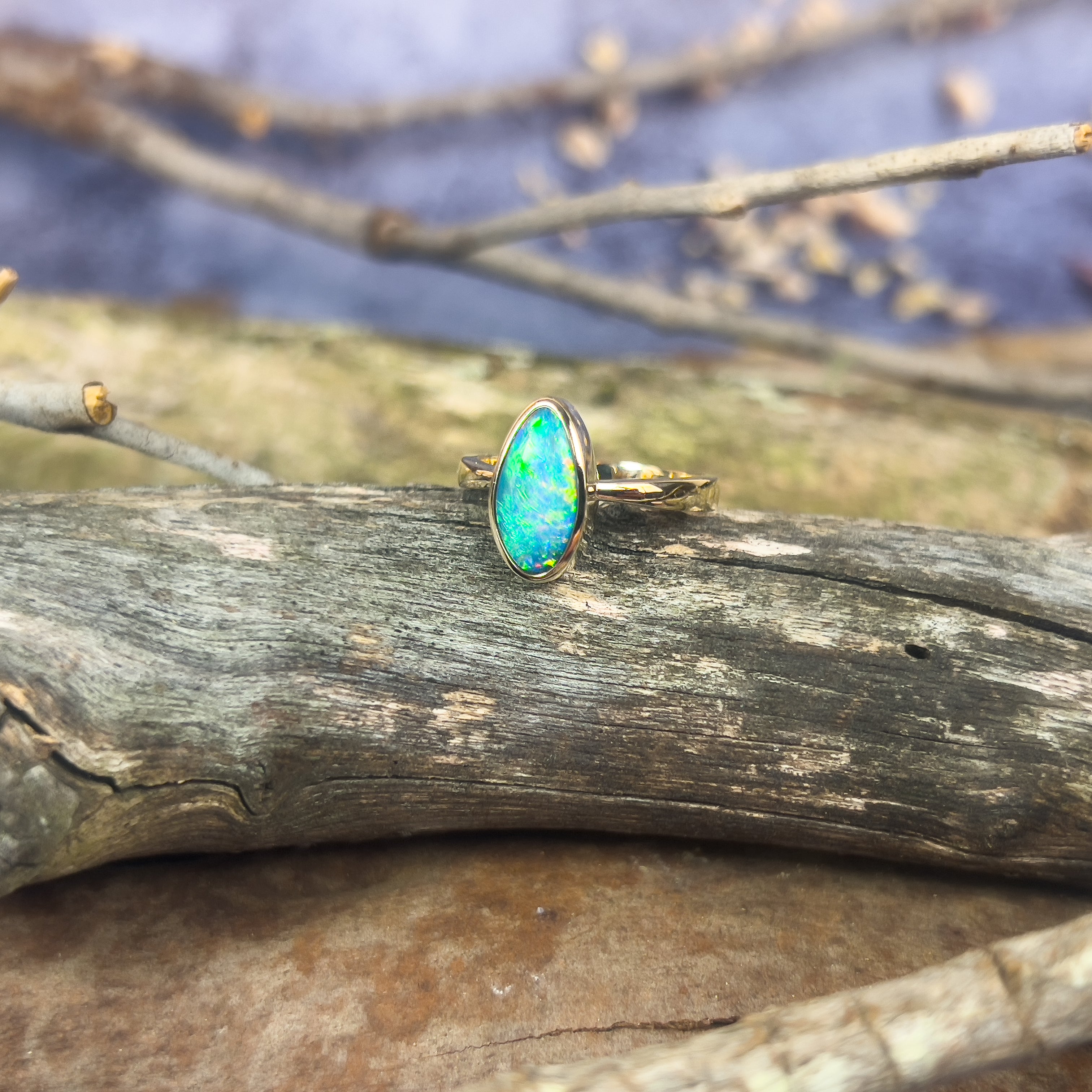 9kt Yellow Gold Black Opal 1.62ct freeform doublet bezel set ring - Masterpiece Jewellery Opal & Gems Sydney Australia | Online Shop