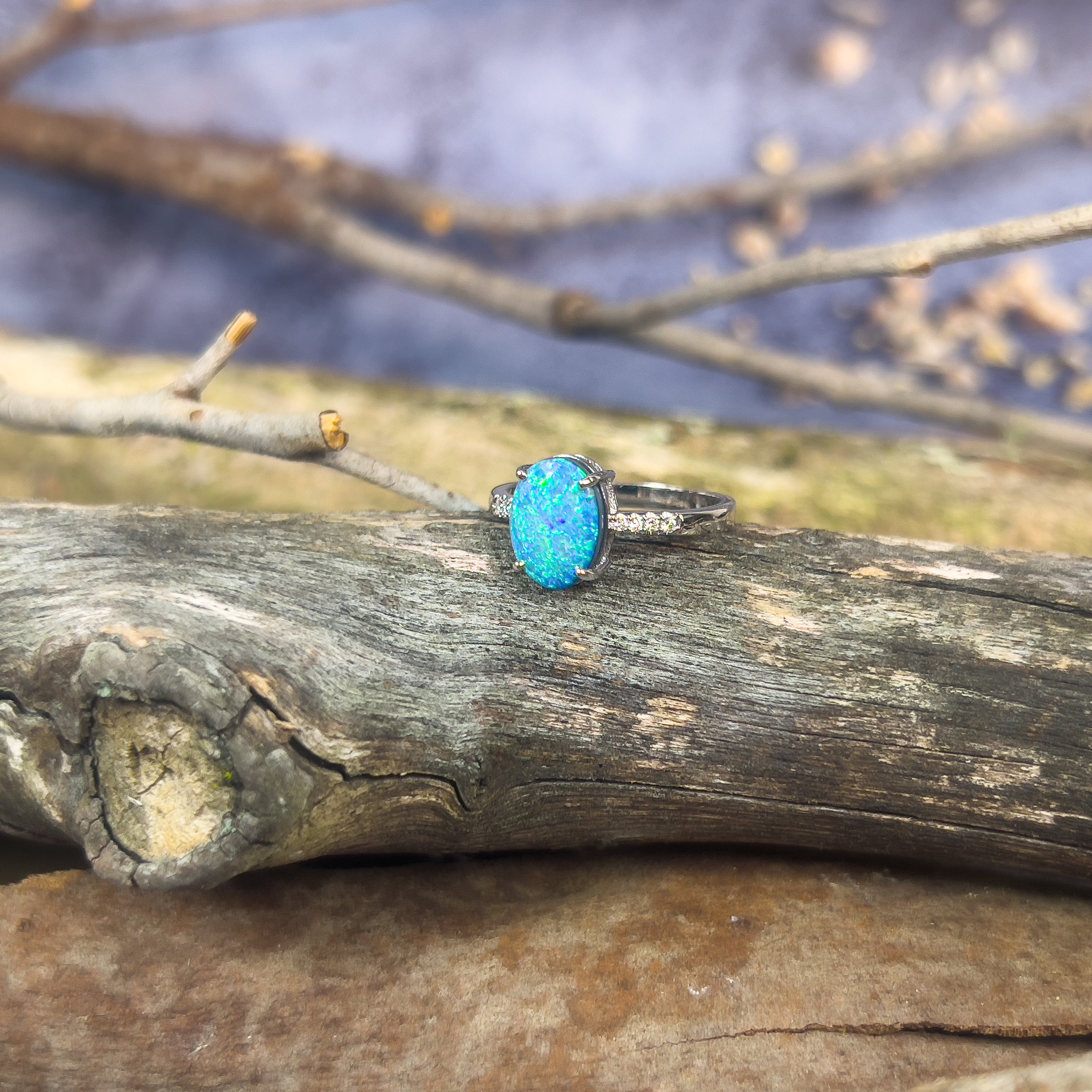 14kt White Gold Black Opal doublet 1.65ct with diamonds ring - Masterpiece Jewellery Opal & Gems Sydney Australia | Online Shop