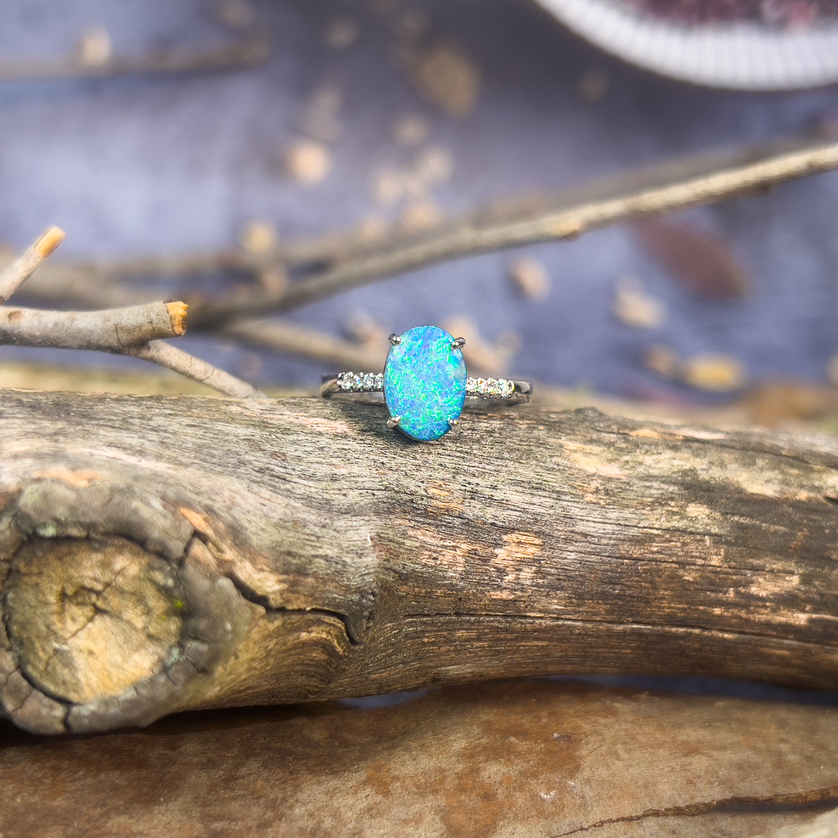 14kt White Gold Black Opal doublet 1.65ct with diamonds ring - Masterpiece Jewellery Opal & Gems Sydney Australia | Online Shop