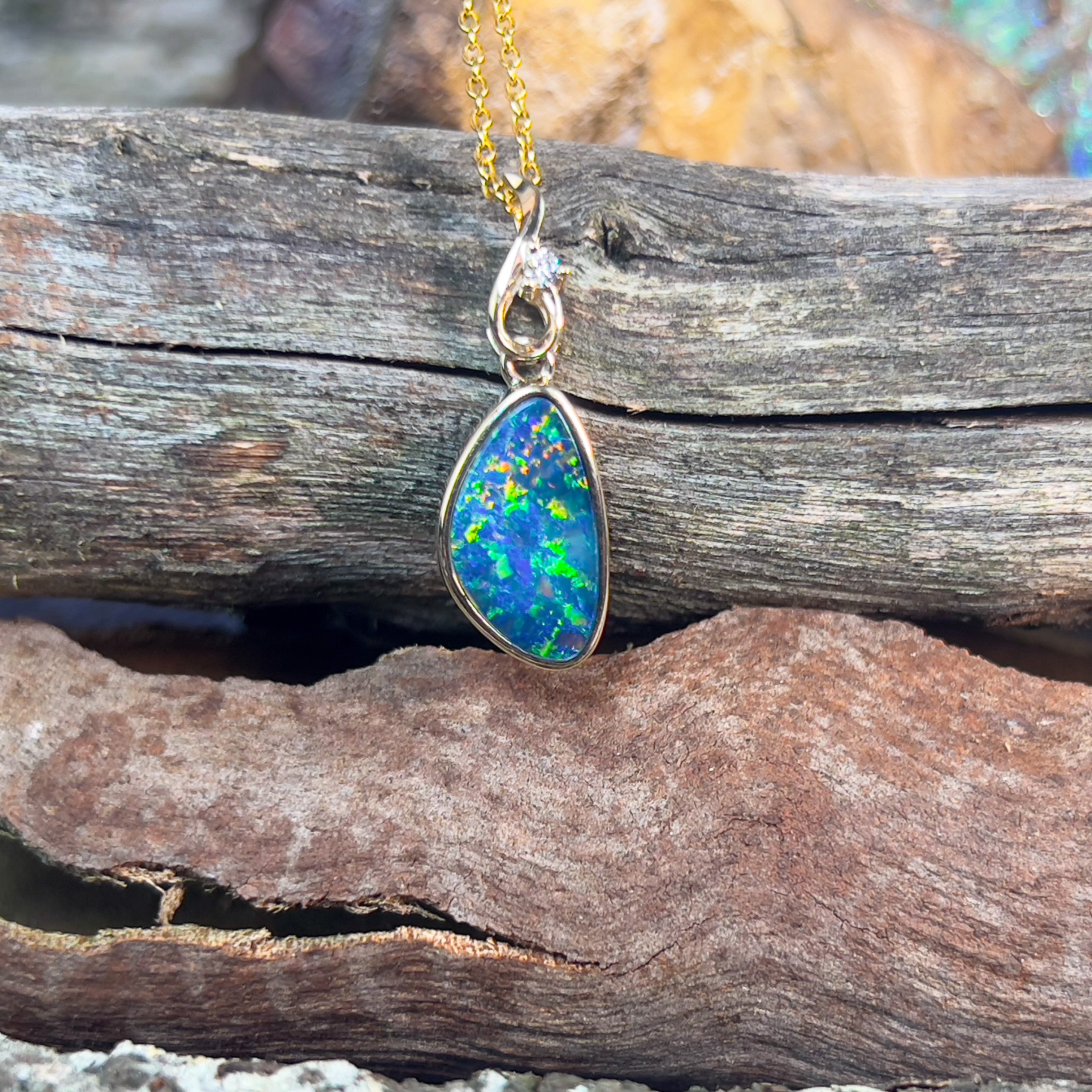 9kt Yellow Gold Opal doublet and Diamond pendant - Masterpiece Jewellery Opal & Gems Sydney Australia | Online Shop