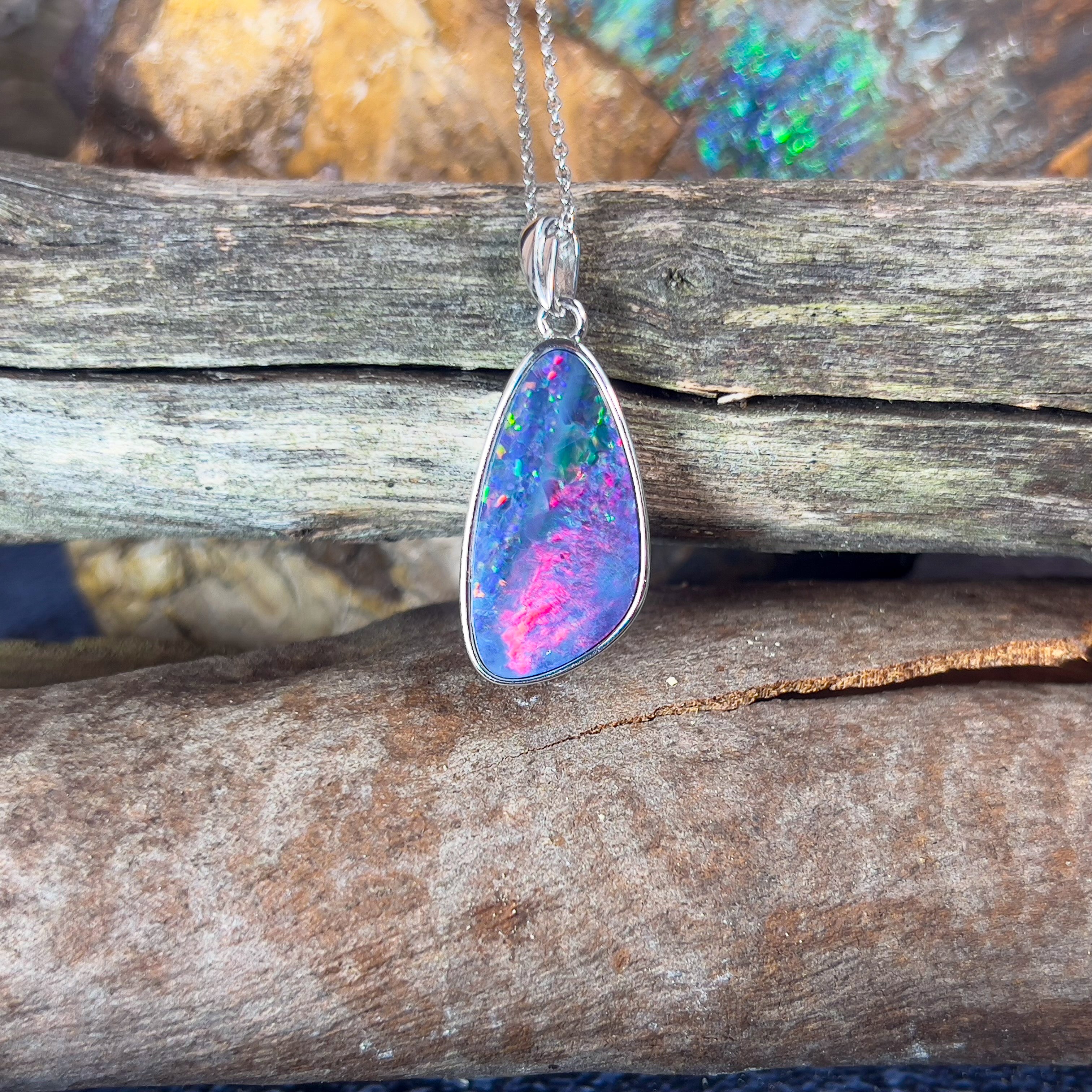 Sterling Silver Red Fire Blue Opal doublet 21x12mm pendant - Masterpiece Jewellery Opal & Gems Sydney Australia | Online Shop