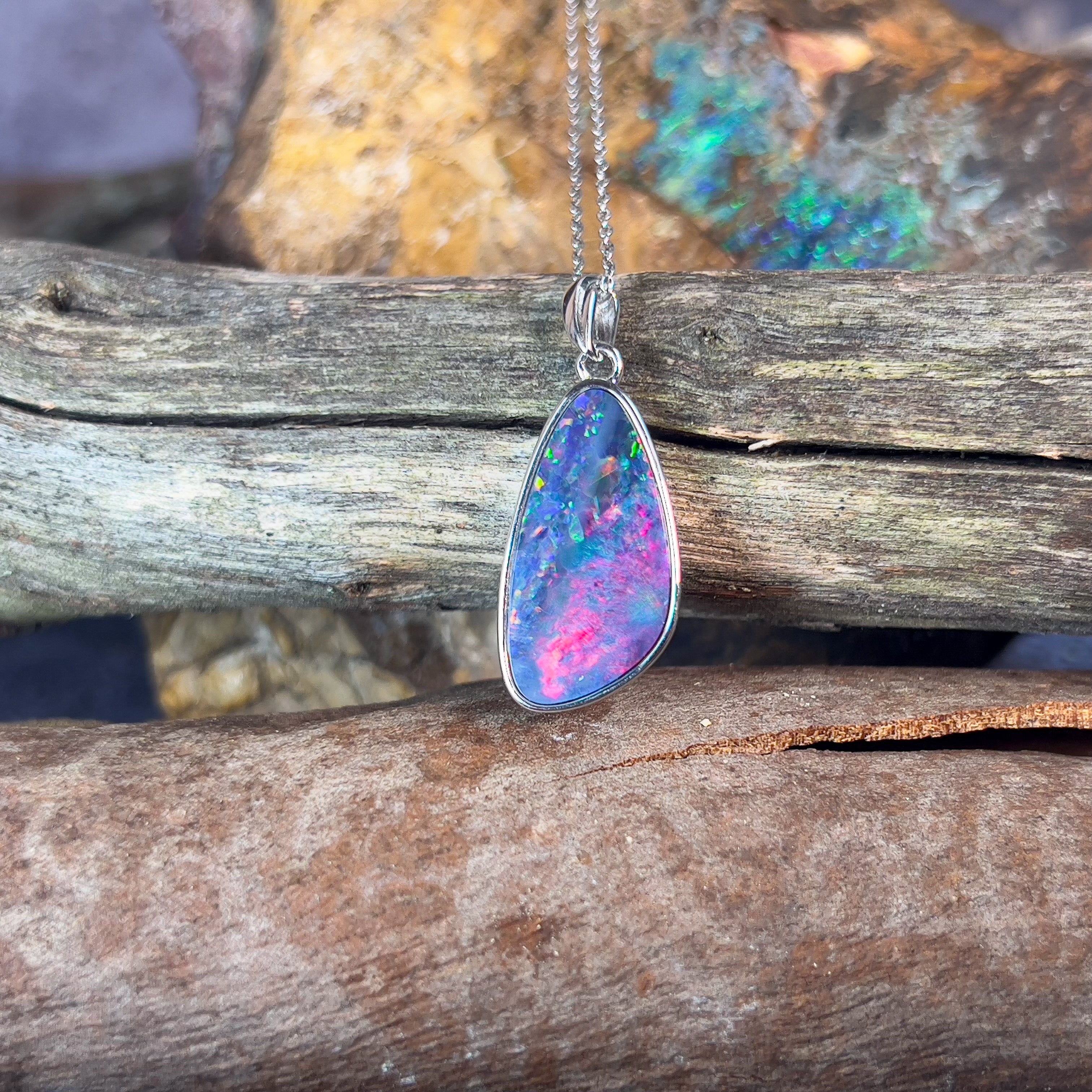 Sterling Silver Red Fire Blue Opal doublet 21x12mm pendant - Masterpiece Jewellery Opal & Gems Sydney Australia | Online Shop