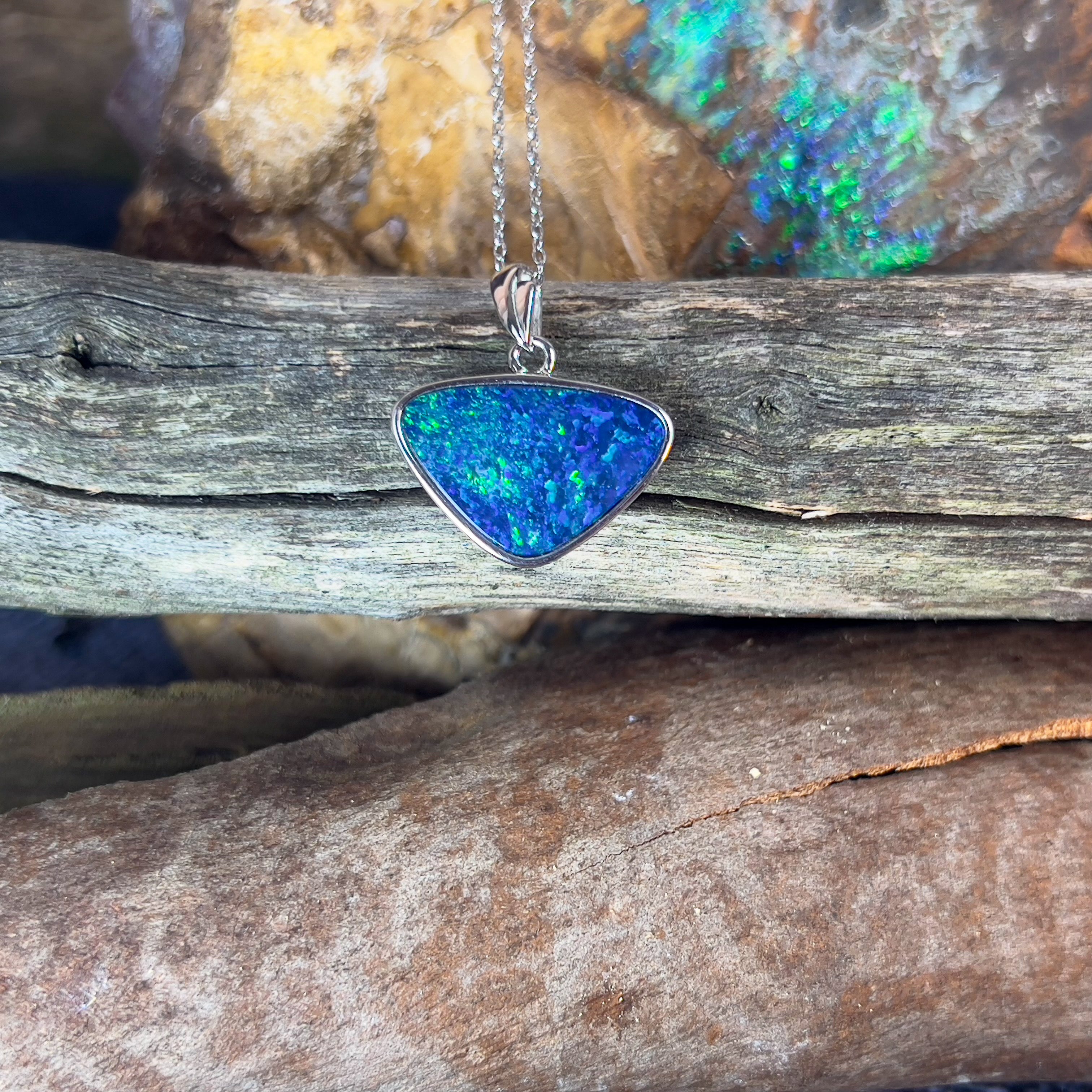 Sterling Silver Blue Green triangle opal doublet 17x13mm pendant - Masterpiece Jewellery Opal & Gems Sydney Australia | Online Shop