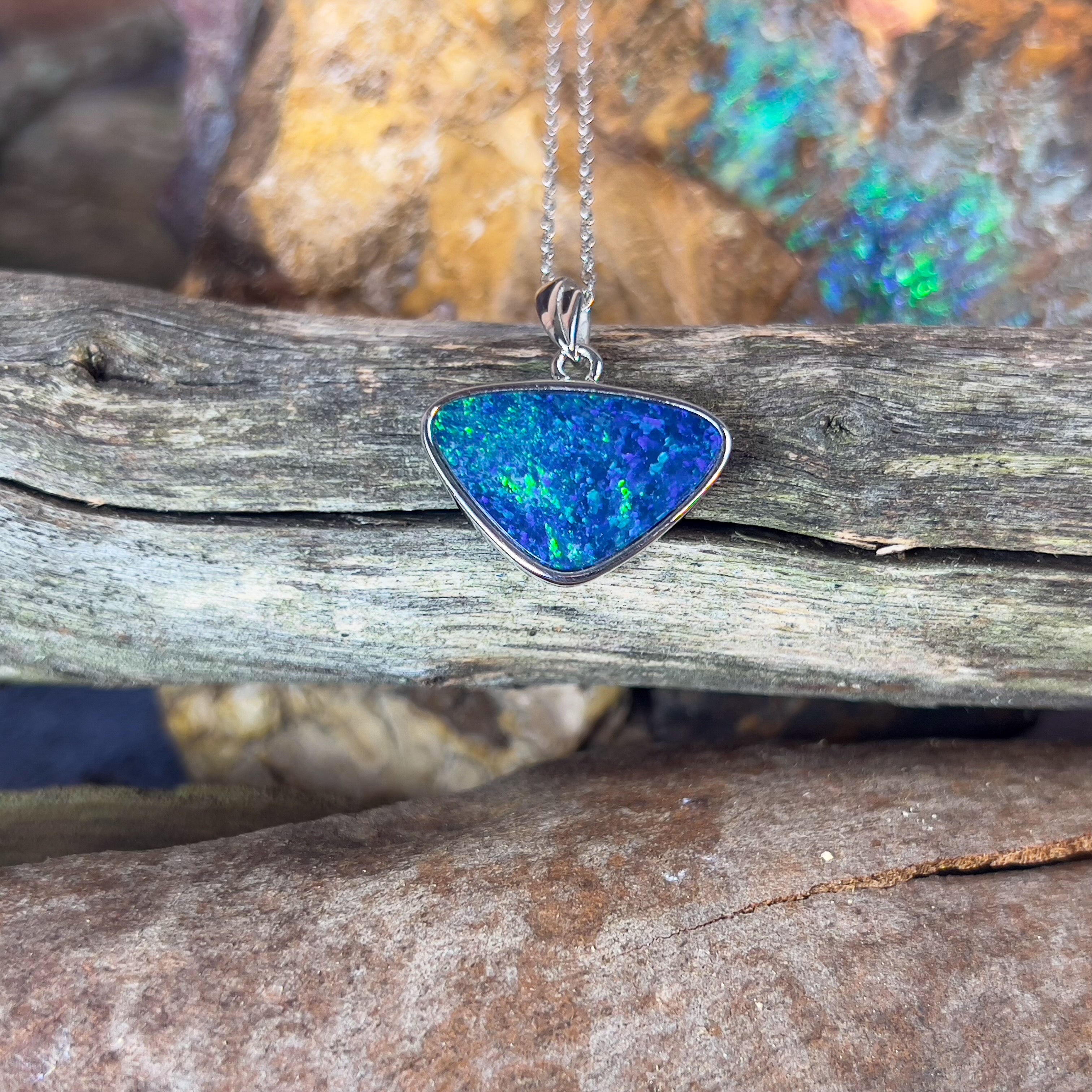 Sterling Silver Blue Green triangle opal doublet 17x13mm pendant - Masterpiece Jewellery Opal & Gems Sydney Australia | Online Shop